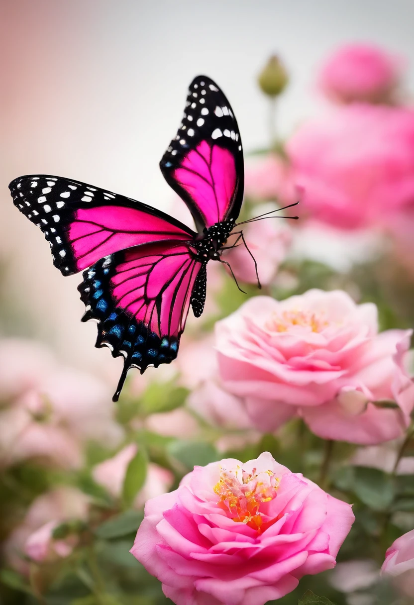 ((Beautiful pink with delicate petals and colorful butterfly)|(rosa encantadora adornada com borboleta vibrante))