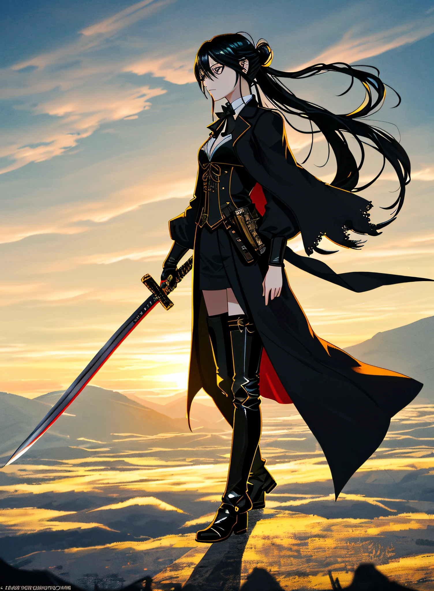 anime Girl, long black hair tied up, black steampunk overcoat, high boots, black pants showing knees, long eyelashes, katana in sheath on the back, gloves, projected shadow, steampunk favela environment, Expansive landscape photography, highest quality photography, (master piece), (circulated: 1.4), perfect drawing, (ultra-realistic), {extremely detailed CG unit 8k wallpaper}, Expansive landscape photography, (a distant view, expansive open field view), (high- angle shot), (clouds: 1.7), (Cold light source: 2.0), complex details, (Iridescent colors: 1.0), (bright lighting), (backlit lighting), solo