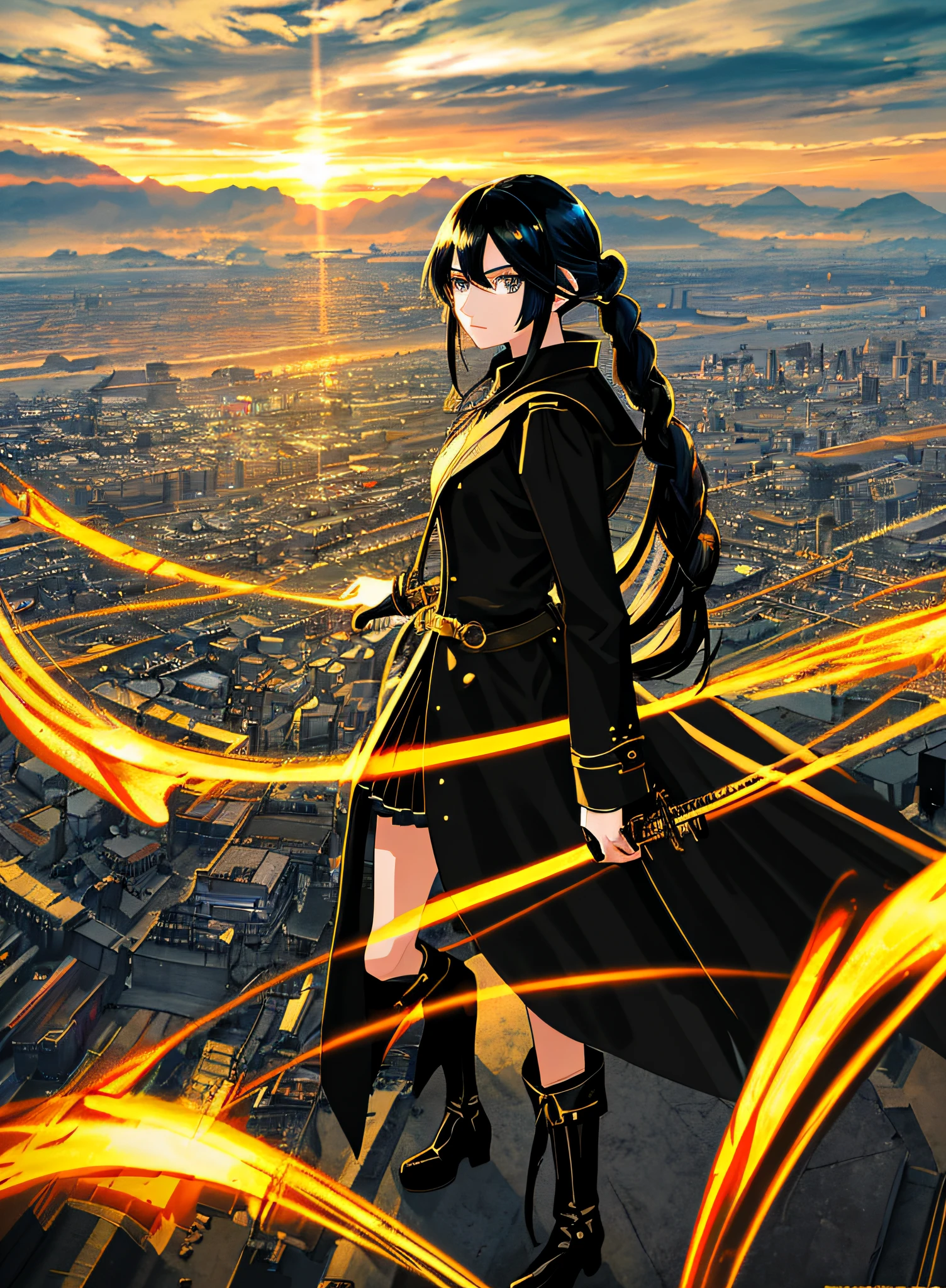 anime Girl, long black hair tied up, black steampunk overcoat, high boots, black pants showing knees, long eyelashes, katana in sheath on the back, gloves, projected shadow, steampunk favela environment, Expansive landscape photography, highest quality photography, (master piece), (circulated: 1.4), perfect drawing, (ultra-realistic), {extremely detailed CG unit 8k wallpaper}, Expansive landscape photography, (a distant view, expansive open field view), (high- angle shot), (clouds: 1.7), (Cold light source: 2.0), complex details, (Iridescent colors: 1.0), (bright lighting), (backlit lighting), solo