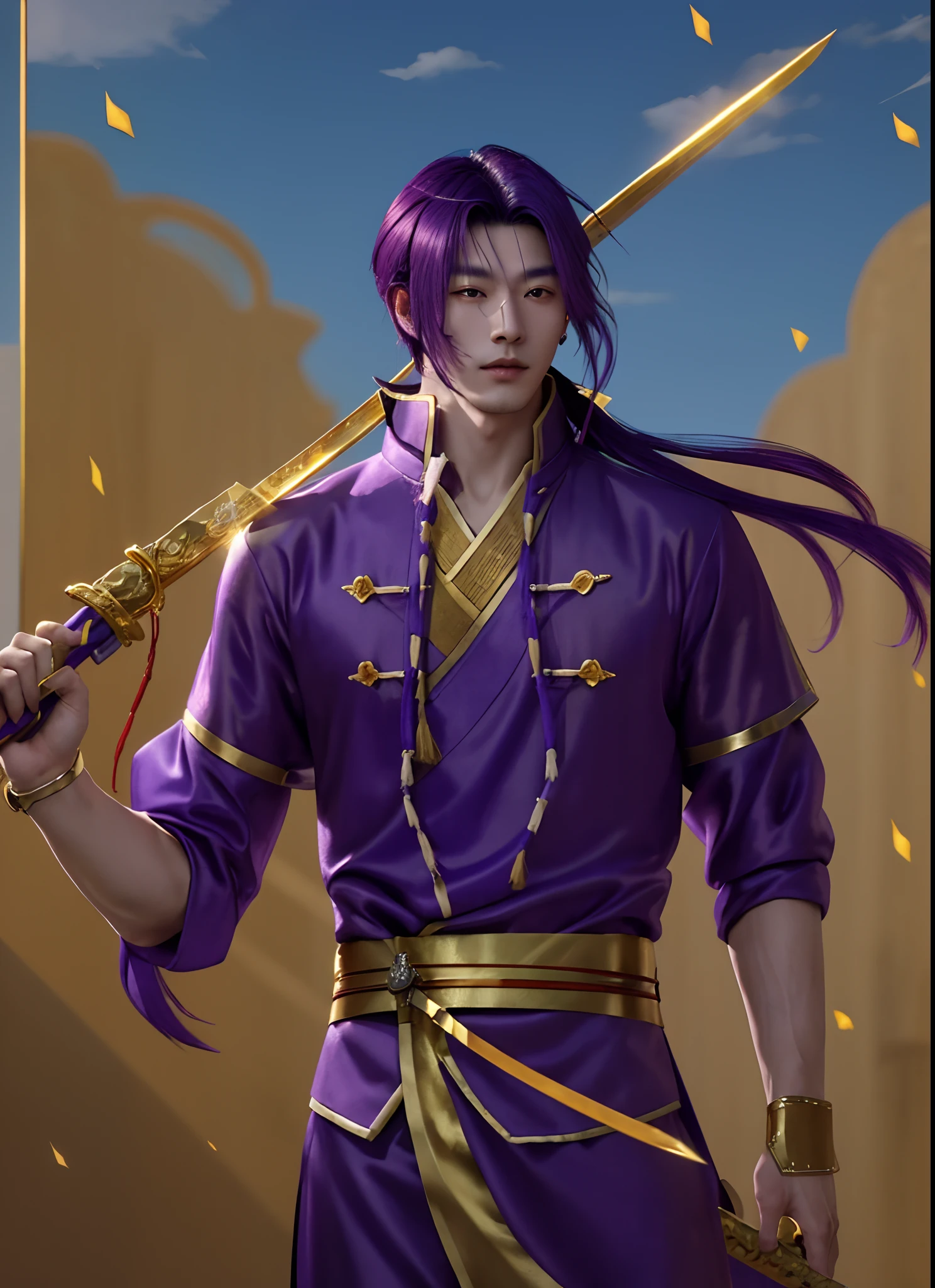 a handsome young chinese man with purple hair holding a sword, (((golden sword))) , blue sky, Dark purple Chinese traditional clothing with red edges