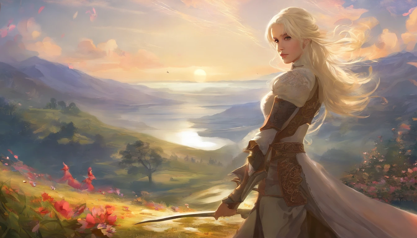 A 15th-century blonde woman, com roupas pretas que cobrem todo o corpo, Clothes are tight, especially the pants that highlight your curves, semelhante a 2B nier Automata, Ela tem uma espada, In the background, there is a cold, local de congelamento , perfect fingers