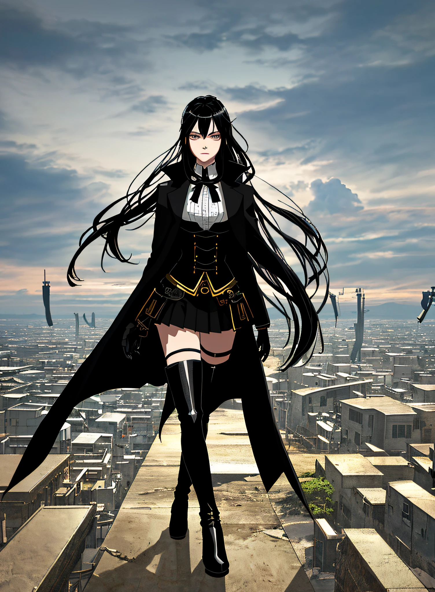 anime Girl, long black hair tied up, black steampunk overcoat, high boots, black pants showing knees, long eyelashes, katana in sheath on the back, gloves, projected shadow, steampunk favela environment, Expansive landscape photography, highest quality photography, (master piece), (circulated: 1.4), perfect drawing, (ultra-realistic), {extremely detailed CG unit 8k wallpaper}, Expansive landscape photography, (a distant view, expansive open field view), (high- angle shot), (clouds: 1.7), (Cold light source: 2.0), complex details, (Iridescent colors: 1.0), (bright lighting), (backlit lighting), solo