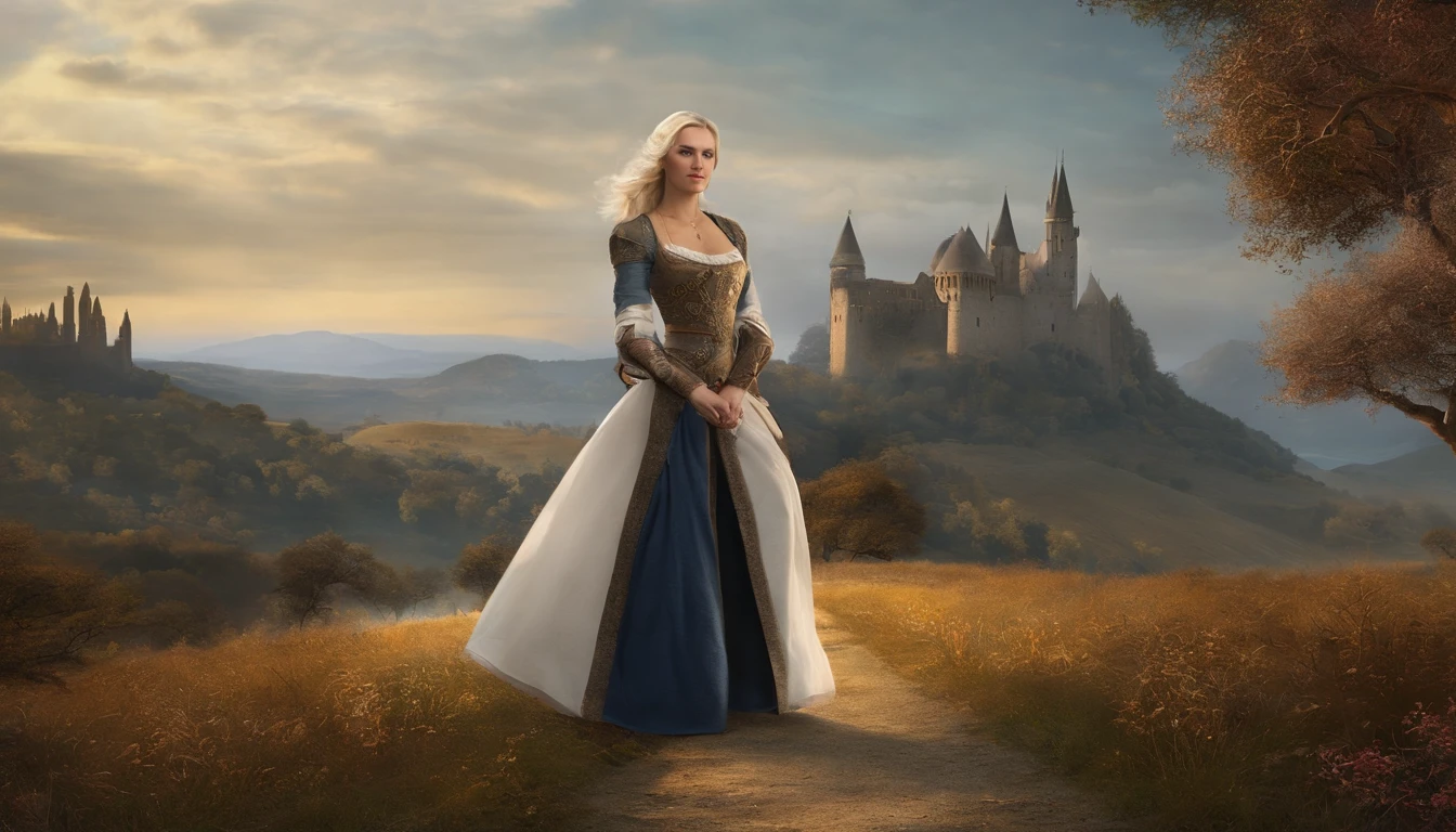 A 15th-century blonde woman, com roupas pretas que cobrem todo o corpo, Clothes are tight, especially the pants that highlight your curves, semelhante a 2B nier Automata, Ela tem uma espada, In the background, there is a cold, local de congelamento , perfect fingers