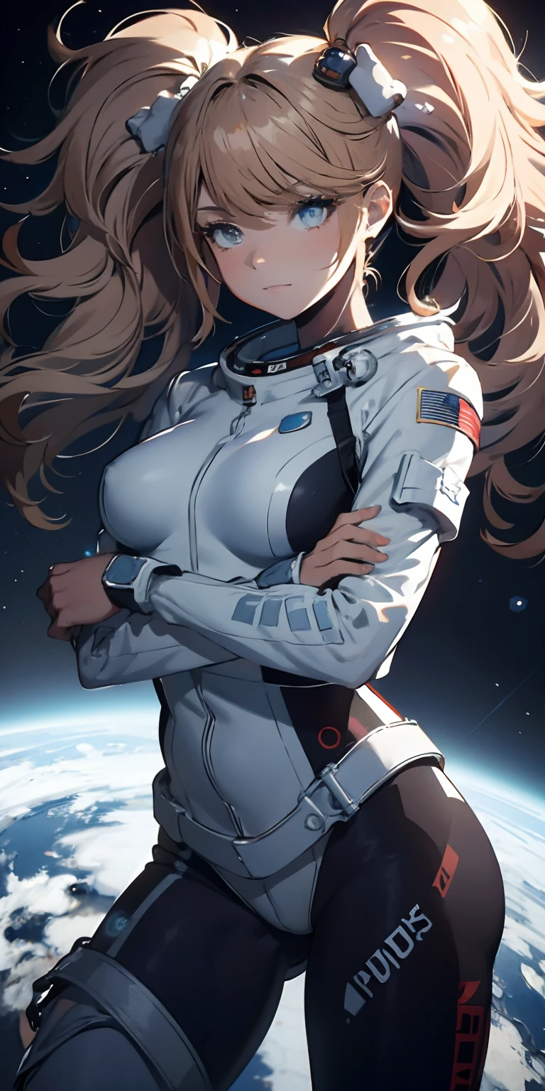 Absurd resolution, high resolution, (masterpiece:1.4), ultra-detailed, 1girl and 1boy, in a spacesuit, seen from above, space, floating, satellite, outer space operation, wide-angle lens distortion