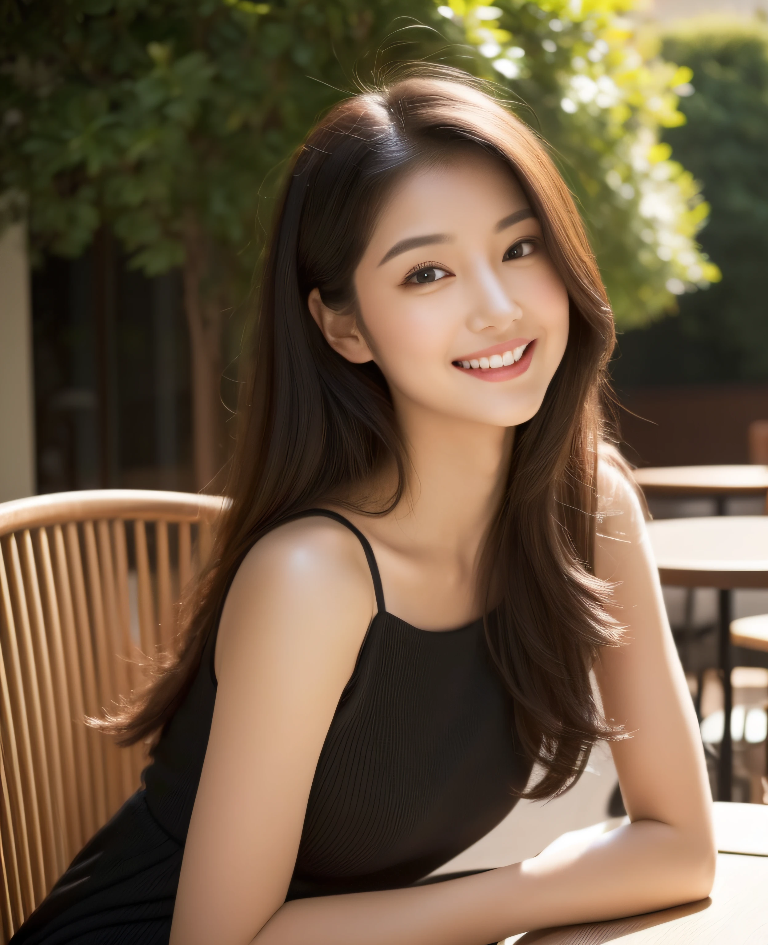 ((Top quality, 8K, Masterpiece: 1.3)), Beautiful girl, Pure, Melon face, Kind and cute, Sweet smile, Pure desire, Slender body, (Front), (Tilted head), ((Looking at camera) ), wearing a black casual dress, black silky long hair, normal chest, long flowing shoulders, round black big eyes, clear big eyes, moist red lips, sweet, sitting on a chair, in the afternoon Cafe terrace background, (((waist shot))),