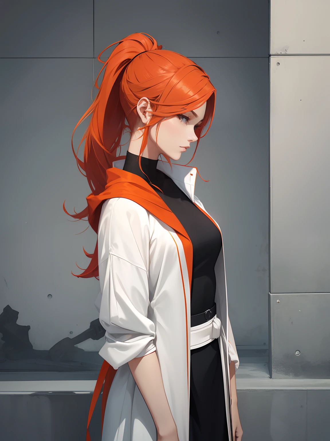 Aeroview of a city. swordswoman Female. Camera on the sword. makeup, mascara, Lips are subdued or colors, Minimalism, monotone, red and orange, simple color palettes, bun hair, ponytail hairstyles, Clean, sharp designs, flowing silhouettes, loose long robe, high-waisted belt, asymmetrical, geometric, Elegant and luxurious materials and designs, Simple, minimal accessories, Distinctive designs, simple silhouettes, chic and mature impression, simple and sophisticated female samurai style, elegance, minimalism, high quality materials, cool and urban impression, high fashion, , simplicity and sophistication, complex background. Low angle