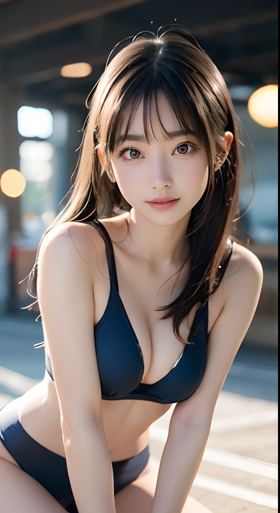 best qualtiy， tmasterpiece， 1girll， beauitful face， （photos realistic：1.3）， edge lit， （highdetailskin：1.2）， 8K, Ultra HD， dslr camera， hightquality， hight resolution， 4K， 8K， Bokeh， absurderes， optimal ratio of four fingers and one thumb， （realisticlying：1.3）， pretty 1girl， Wearing a dark blue school swimsuit， medium breasts⁩，Pure sunshine smile，