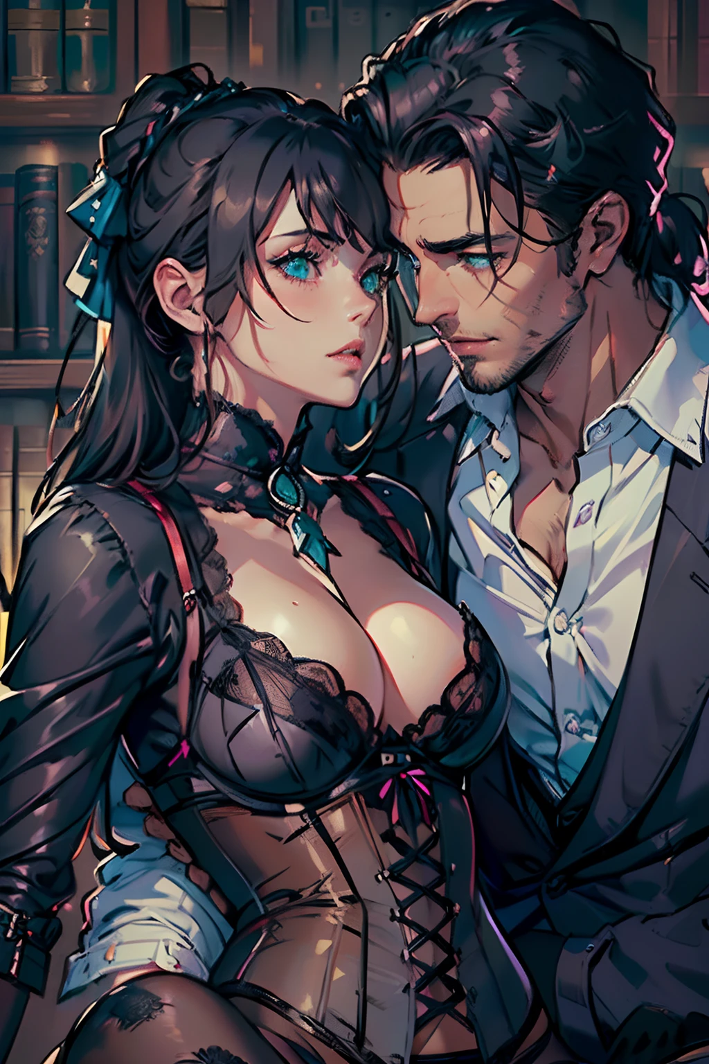 NSFW, (((masterpiece, best quality, Photo realistic))), (black Victorian corset lingerie) (UHD, 8K wallpaper, High resolution), Perfect anatomy, Cinematic lighting, physically-based rendering, award-winning, extremely detailed skin, extra detailed face, eyes with beautiful details, Carl Zeiss 85 mm F/1.4, (1 man and 1 witch woman, couple:1.5), sitting on the chair, (ponytail black hair, green eyes, round face), medium breasts, wet black blouse, lingerie lift, high naughty, half opened eyes, drooling), spread legs, thigh focus, in the library, blue hour, (1 man is a handsome man, a handsome man is hugging the woman from behind:1.5), a handsome man is wearing business suit, (ahandsome man touches woman's lingerie:1.5), [full body shot], shot from below,