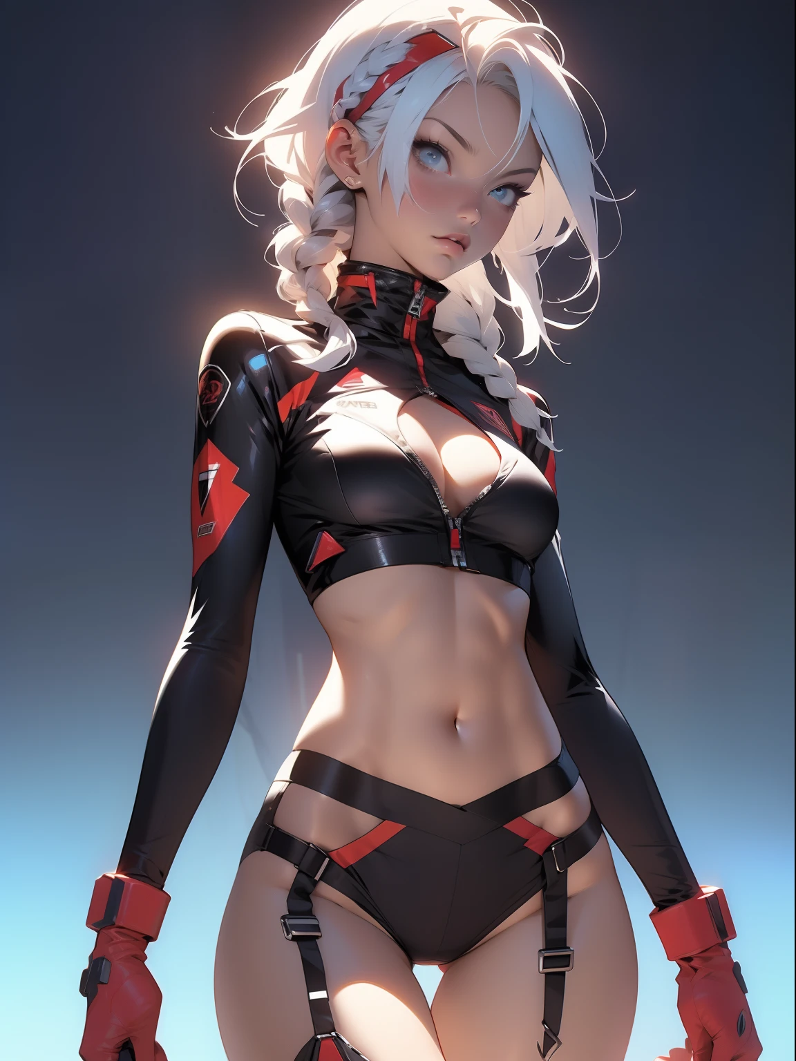 ((Best quality)), ((masterpiece)), (detailed: 1.4), (Absurd), War-ready female fighter pilot with military bikini, Marine, dark skin, defined sculpted body, full body, bare thighs, closed mouth, cyberpunk, semi naked, generous neckline, ((perfect medium breasts)), (super light blue eyes without pupils), (((military camouflage bikini)),  (((white hair with braid)))), long eyelashes heavy makeup, garter belt, by mucha, niji --V5, close to real, psychopathic, perfect face, sexy pose, background with a giant head  evangelion, 2 piece clothing, pastel, centered, scale to fit the dimensions, HDR (High Dynamic Range),Ray Tracing, NVIDIA RTX,Super-Resolution,Unreal 5,Subsurface Dispersion, PBR Texture, exposed belly, Post-processing, Anisotropic filtering, Depth of field, Maximum clarity and sharpness, Multilayer textures, Albedo and specular maps, Surface shading, Accurate simulation of light-material interaction, Perfect proportions, thigh gap, Octane Render, Two-tone lighting, Wide aperture, Low ISO, White balance, Rule of thirds, 8K RAW, crysisnanosuit bikini, thigh gap, nice hips, bikini panties, perfect legs, synthwave bikinis, bare elbows