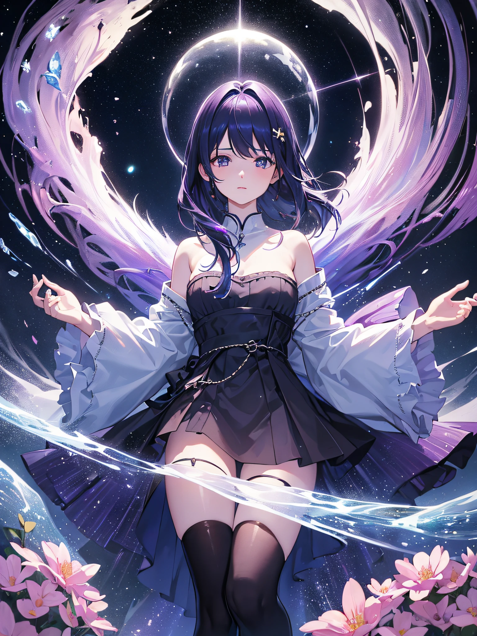 one girl, fallen angel, long black hair, purple eyes, wearing white dress, white thigh high socks, night sky, absurdres, high res, ultrasharp, 8K, masterpiece, looking at viewer