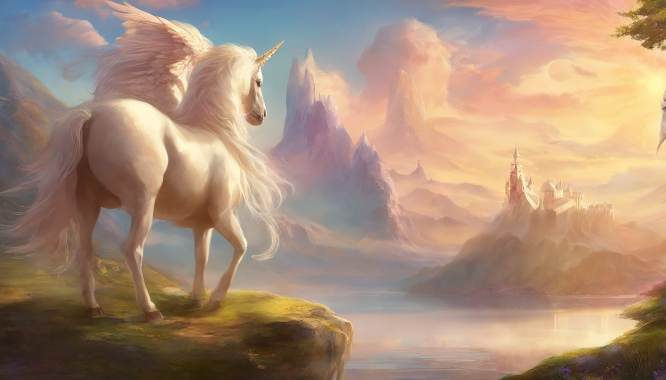 2 angelic creatures gorgeous sky background mountains lake pose sexy unicorns sexy hot pose sexy small solid t , easy smile, Blush de orelha, exy sorriso doce quente melhor qualidade, high resolution, ultra-detalhada, vivid texture,