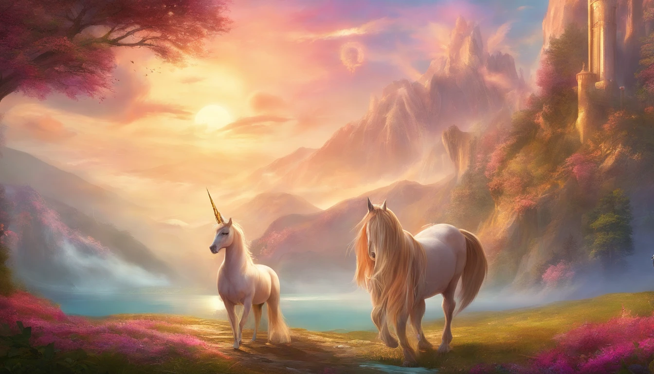 2 angelic creatures gorgeous sky background mountains lake pose sexy unicorns sexy hot pose sexy small solid t , easy smile, Blush de orelha, exy sorriso doce quente melhor qualidade, high resolution, ultra-detalhada, vivid texture,
