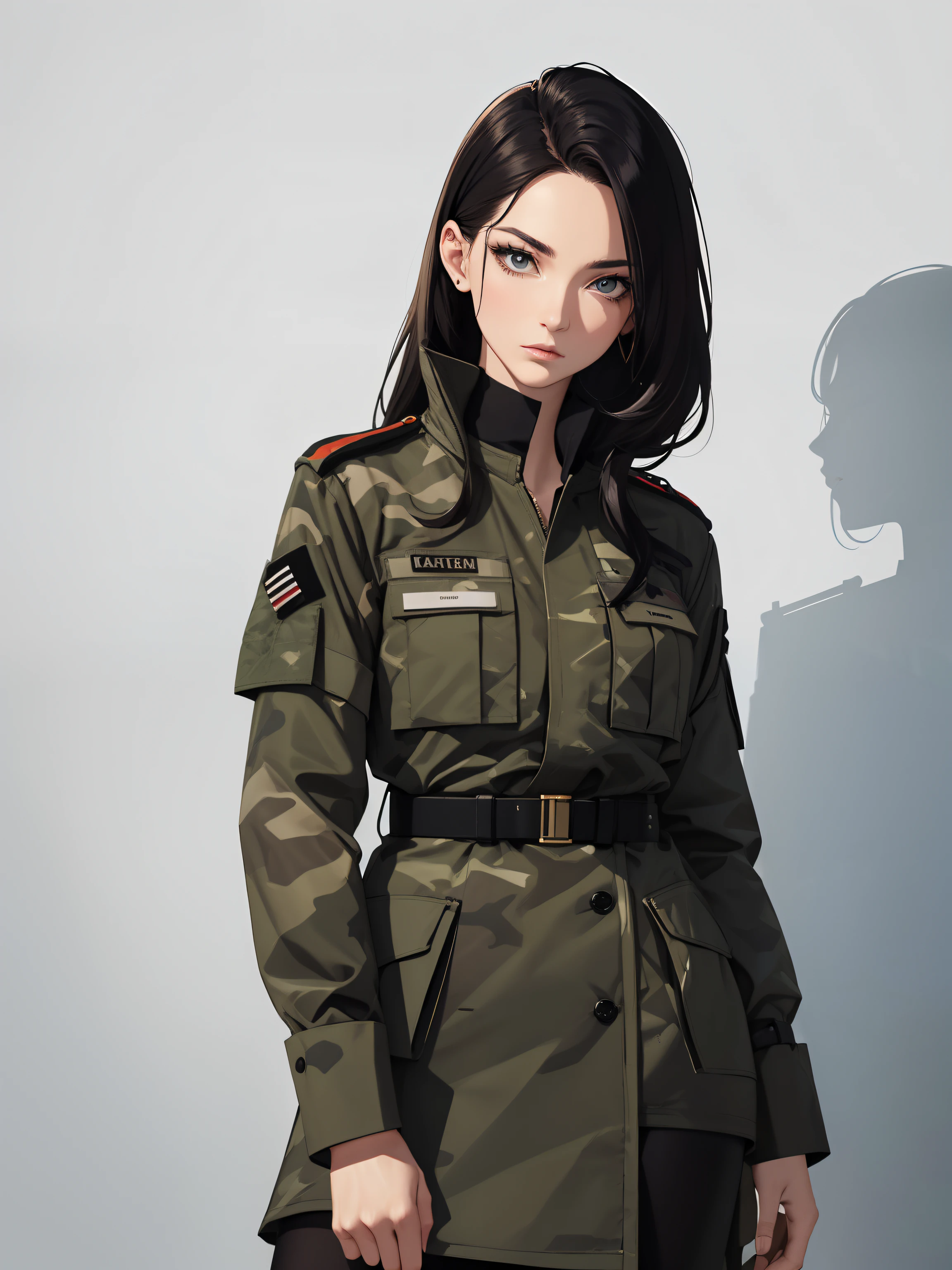 Sitted Army Female officer wearing army camouflaged uniform , makeup, mascara, Lips are overdued, colored, Minimalism, monotone, simple color palettes, Clean, sharp designs, flowing silhouettes, high-waisted belt, asymmetrical, geometric, Elegant and luxurious materials and designs, Simple, minimal accessories, Distinctive designs, simple silhouettes, chic and mature impression, simple and sophisticated style, elegance, minimalism, high quality materials, cool and urban impression, high fashion, , simplicity and sophistication, complex background. High angle