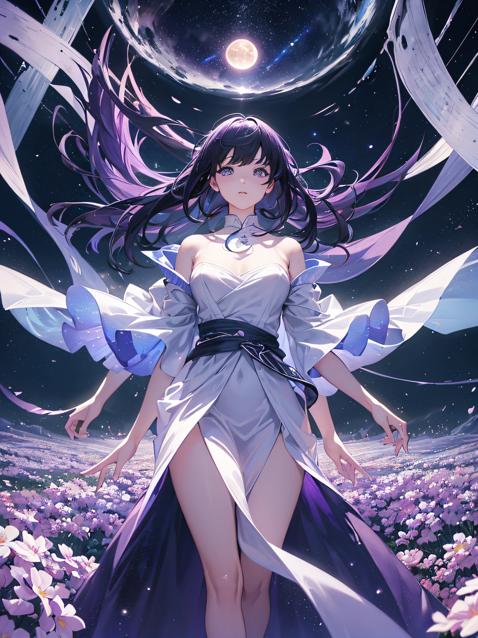 Highest quality image, (master piece), (circulated: 1.4), perfect drawing, (ultra-realistic), {extremely detailed CG unit 8k wallpaper}, Expansive landscape photography, (a bottom view that shows the entire the sky above, expansive open field view), (low-angle shot), girl, a girl looking up, (Black hole: 1.1), circular clouds, field of flowers, very purple, distant waterfalls (Cold light source : 3.3), complex details, (Iridescent colors: 1.0), (bright lighting), (backlit), solo