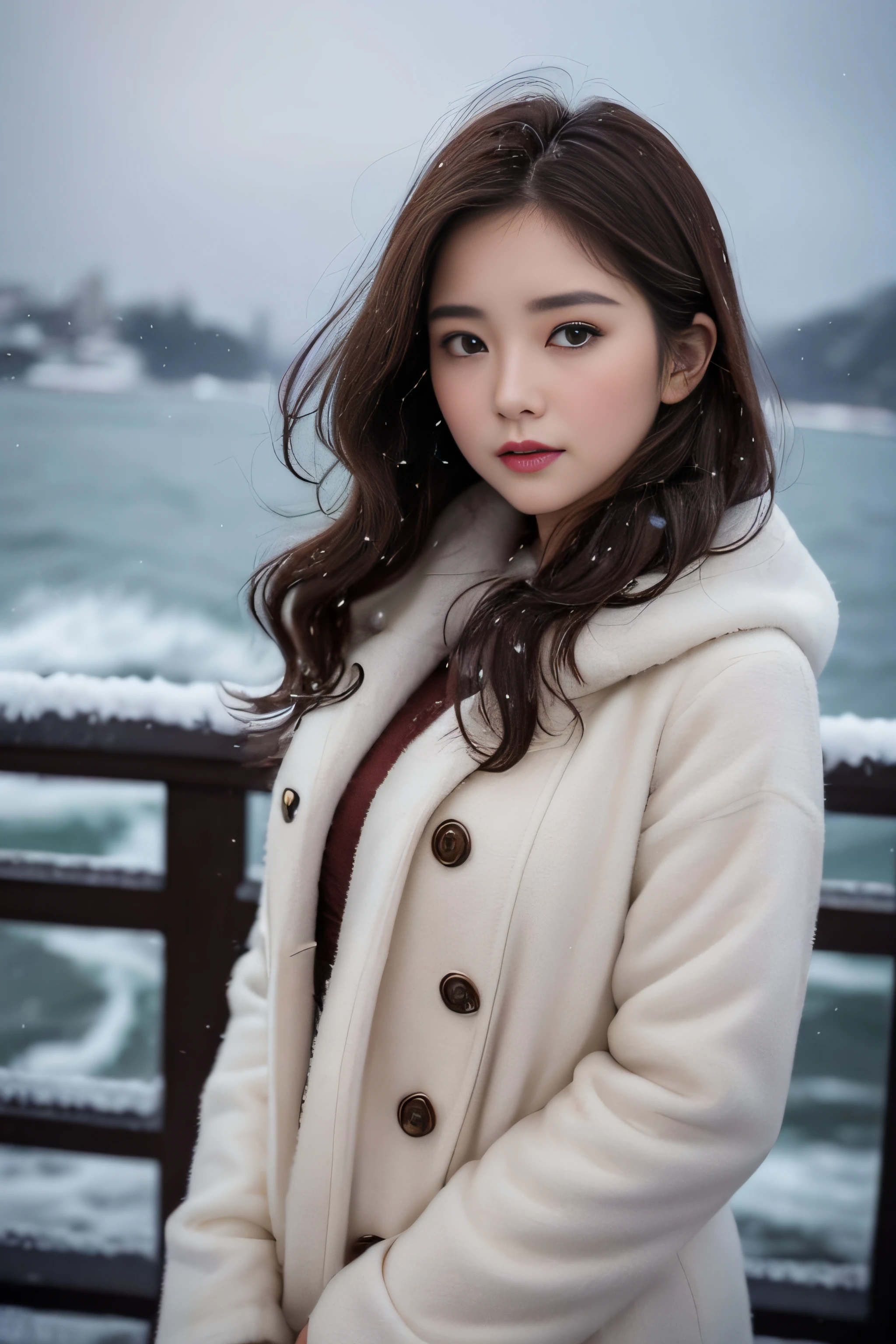 1womanl、late 20s age、(Strong-willed super beautiful woman)、(ultra beautiful faces)、Wearing makeup、Wavy brown hair、Shallow depth of field、It's snowing since I got off the night train、Only the sound of the sea is heard、I also took the ferry alone、I was staring at the freezing seagull