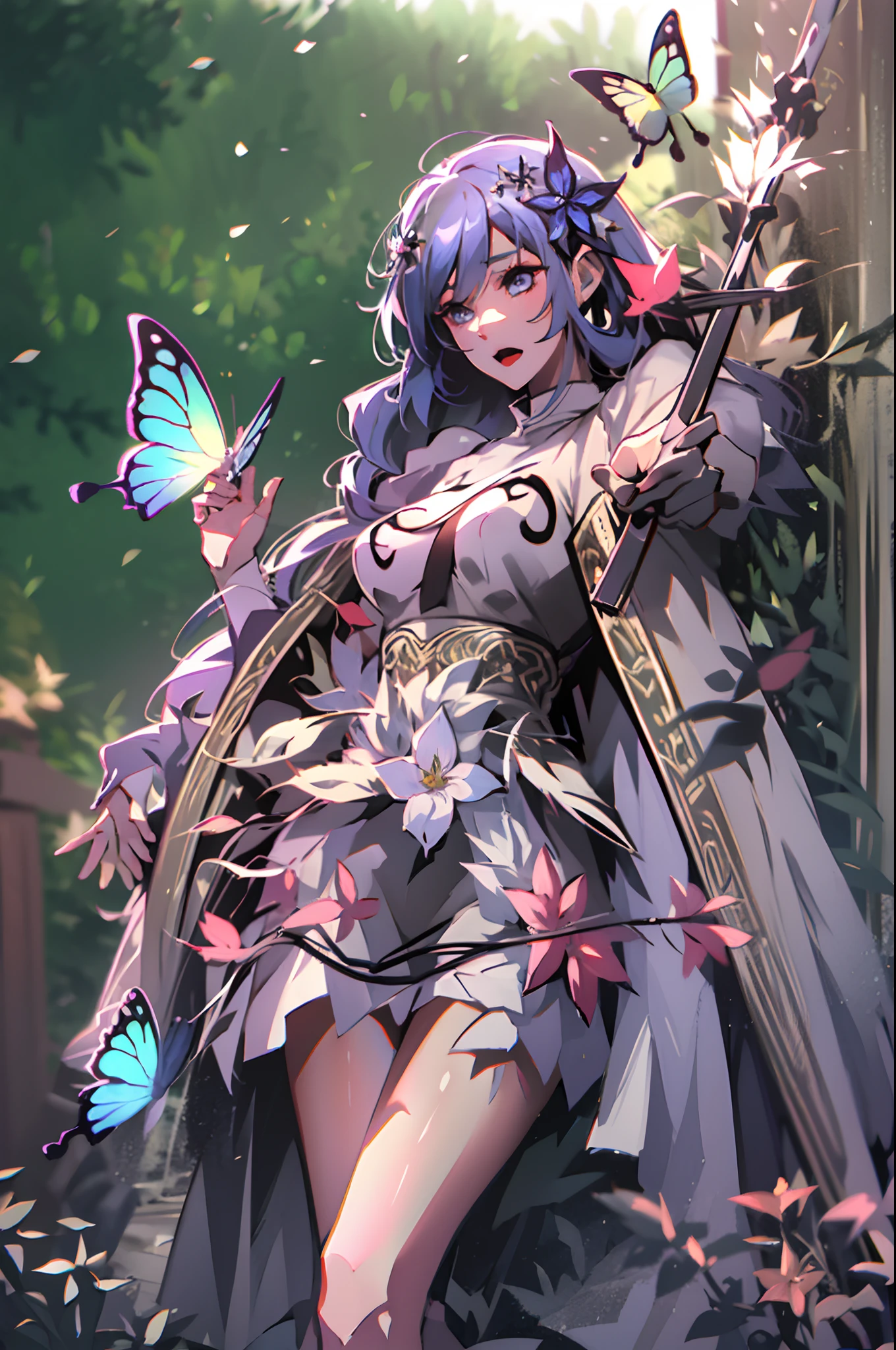 Octane Render、(Hyper-detailing: 1.15)、cinematic lightening、Cute Fantasy Princess、Handgun shooting practice、Fine Pattern Pistol,long boots、ultradetailed eyes、Full Paint、(Floral hair ornament、butterfly hair ornament)、masutepiece、Anatomically correct、blur、depth of fields