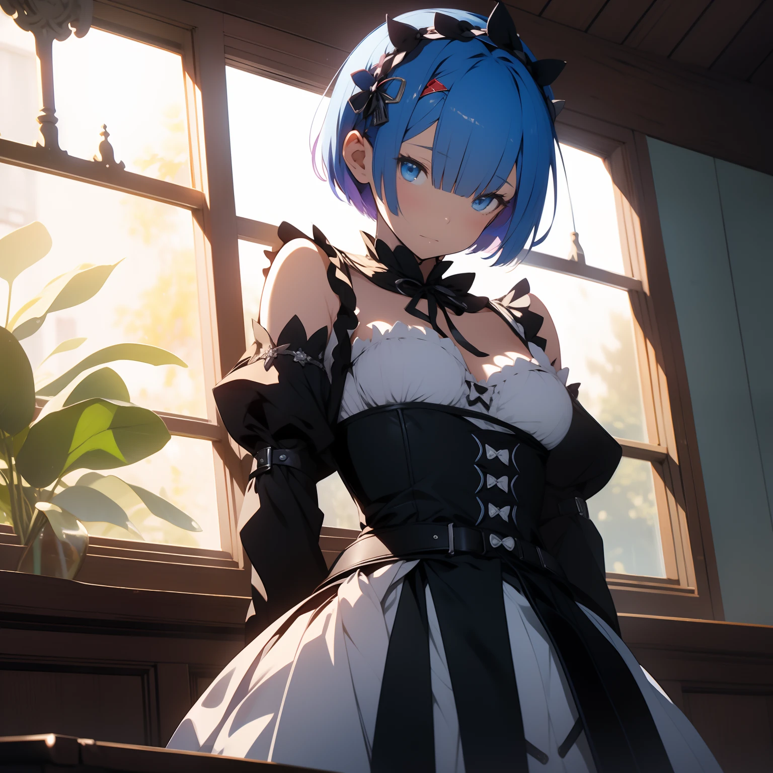 (masterpiece, best quality ) full body shot, rem from rezero, blue short hair, (wrists chained ) maid costume, blue eyes, sitting on a window sill with a black bra and cuffs, wrapped in leather straps, leather cuffs around wrists, restrained, harnesses and garters, handcuffed, handcuffs, dominant pose, sexy dominant pose, hands above her head, wrists chained to the ceiling, blushing