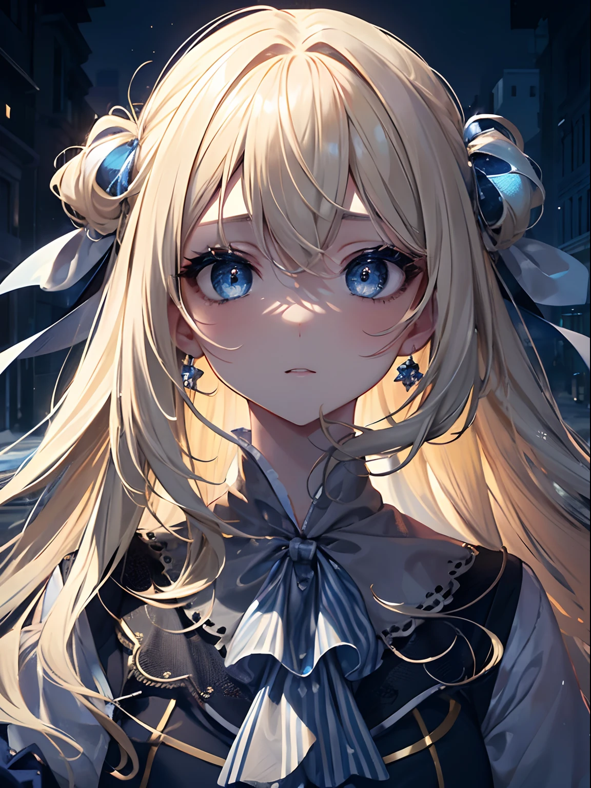 (Masterpiece, Best quality, ultra high resolution),1girl,blonde hair,beautiful and detailed face, detailed eyes,clown outfit,on the street,night,((grey and blue theme)), looking at viewer