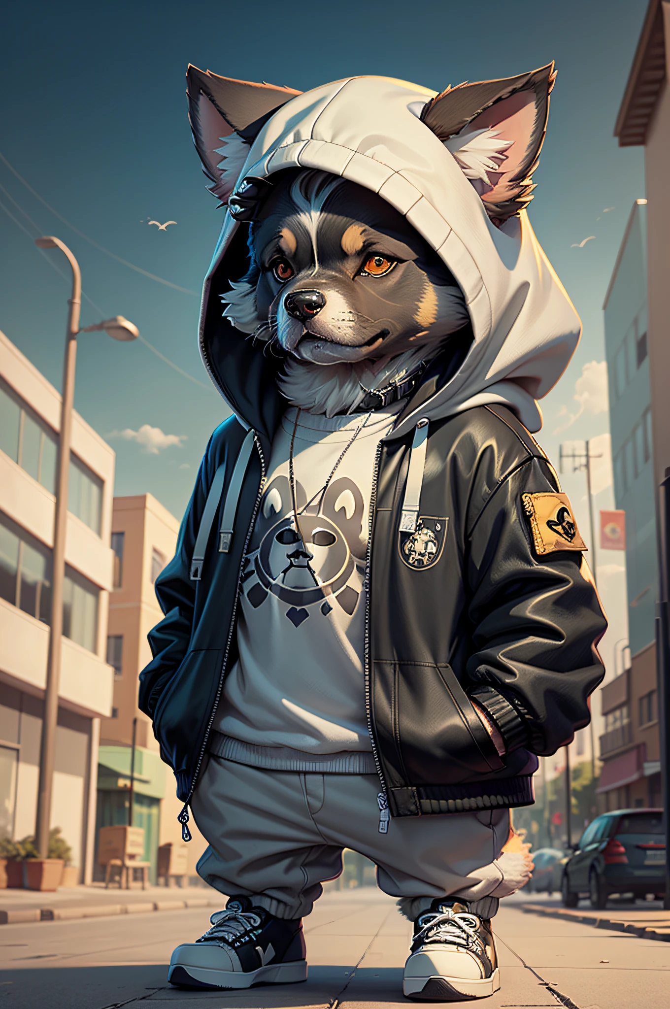 C4tt4stic, Cartoon shepherd dog in jacket and skateboard（Body hair is black、The specifics of the appearance of the Shepard）