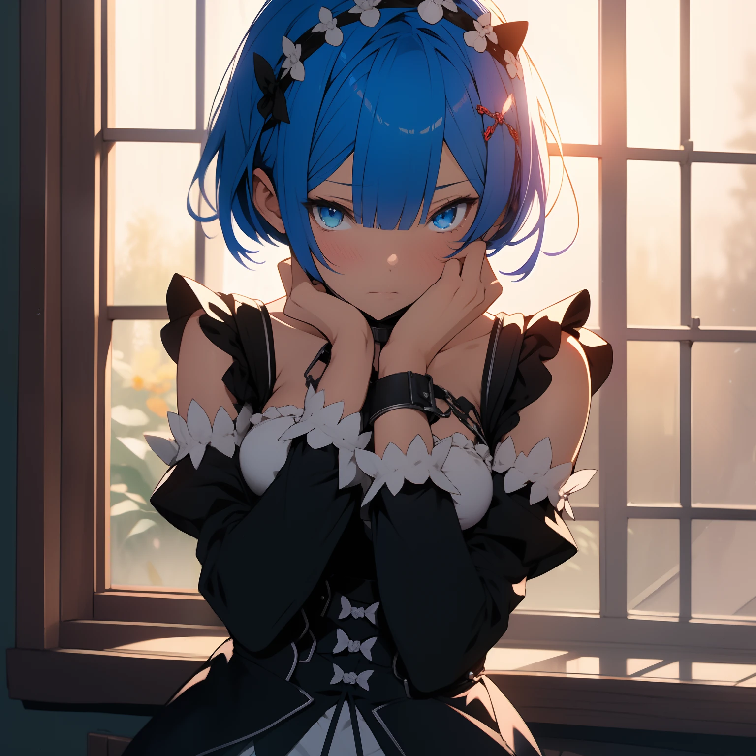 (masterpiece, best quality ) full body shot, rem from rezero, blue short hair, (wrists chained ) maid costume, blue eyes, sitting on a window sill with a black bra and cuffs, wrapped in leather straps, leather cuffs around wrists, restrained, harnesses and garters, handcuffed, handcuffs,  dominant pose, sexy dominant pose, hands above her head, wrists chained to the ceiling, blushing