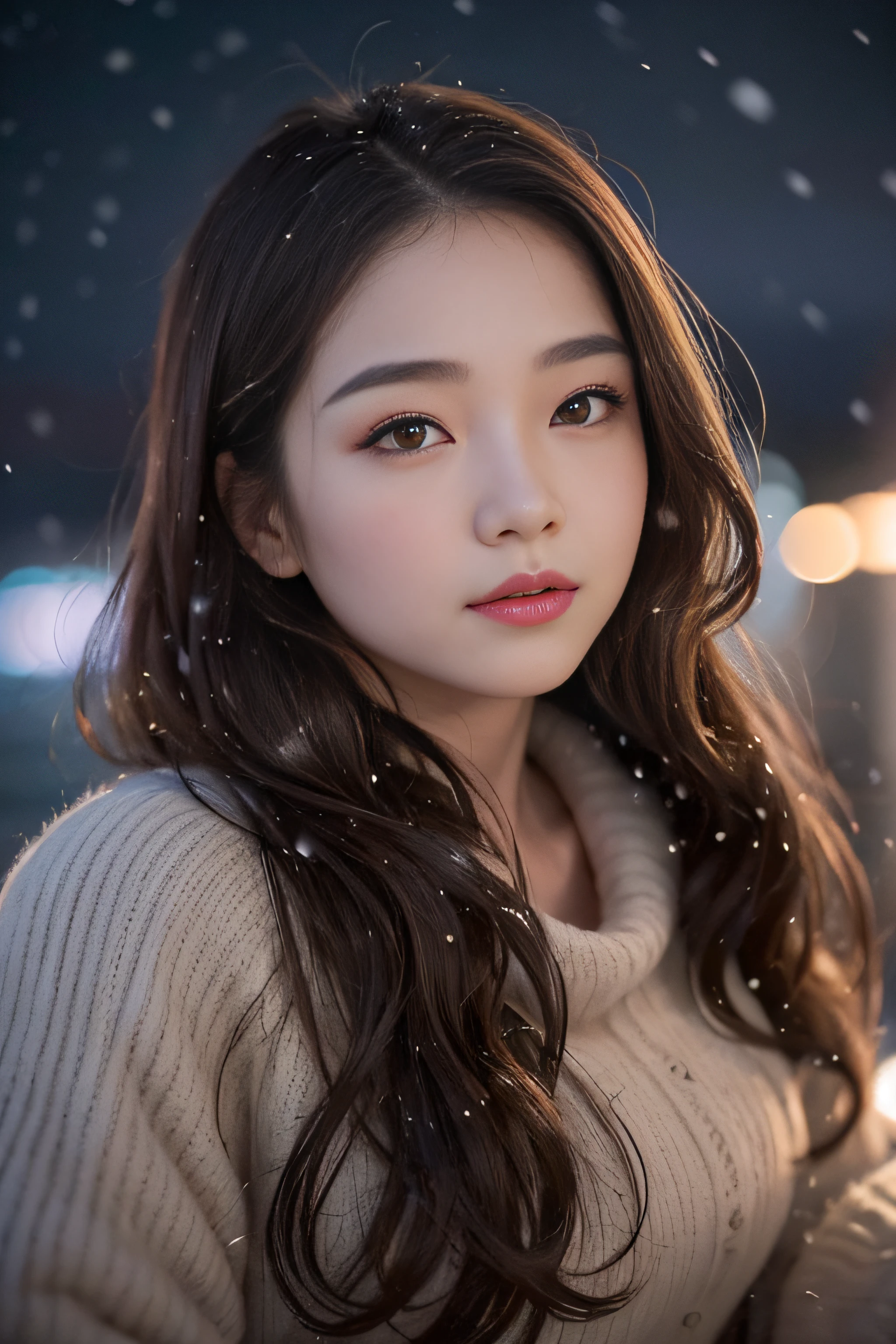 1womanl、late 20s age、(Strong-willed super beautiful woman)、(ultra beautiful faces)、Wearing makeup、Wavy brown hair、Shallow depth of field、It's snowing since I got off the night train、Only the sound of the sea is heard、I also took the ferry alone、I was staring at the freezing seagull