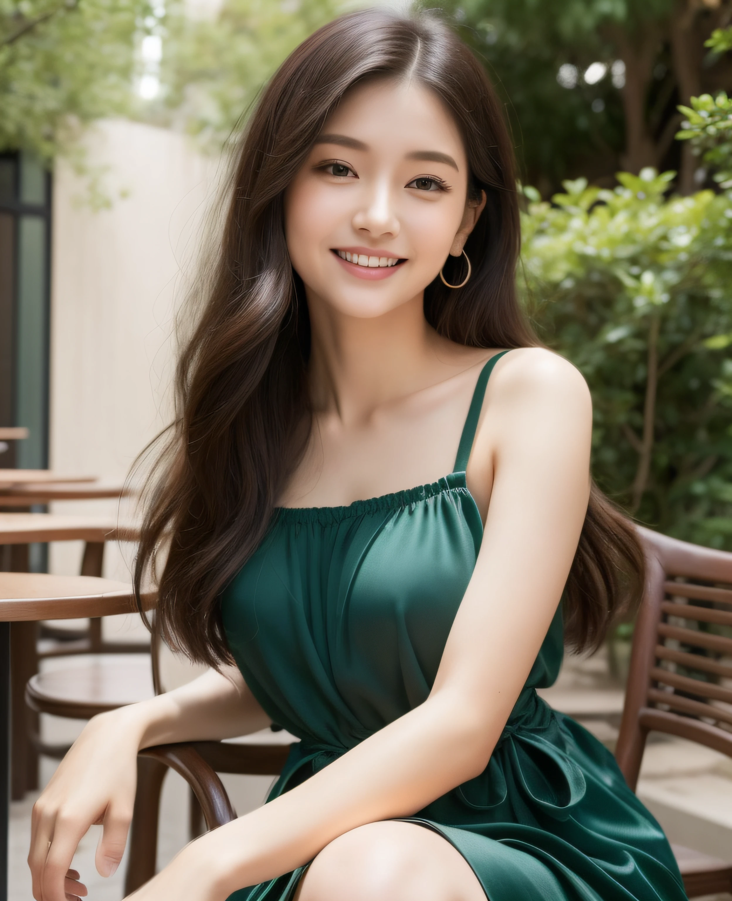 ((Top quality, 8K, Masterpiece: 1.3)), Beautiful girl, Pure, Melon face, Kind and cute, Sweet smile, Pure desire, Slender body, (Front), (Tilted head), ((Looking at camera) ), wearing a green casual dress, black silky long hair, normal chest, long flowing shoulders, round black big eyes, clear big eyes, moist red lips, sweet, sitting on a chair, afternoon Cafe terrace background, (((waist shot))),