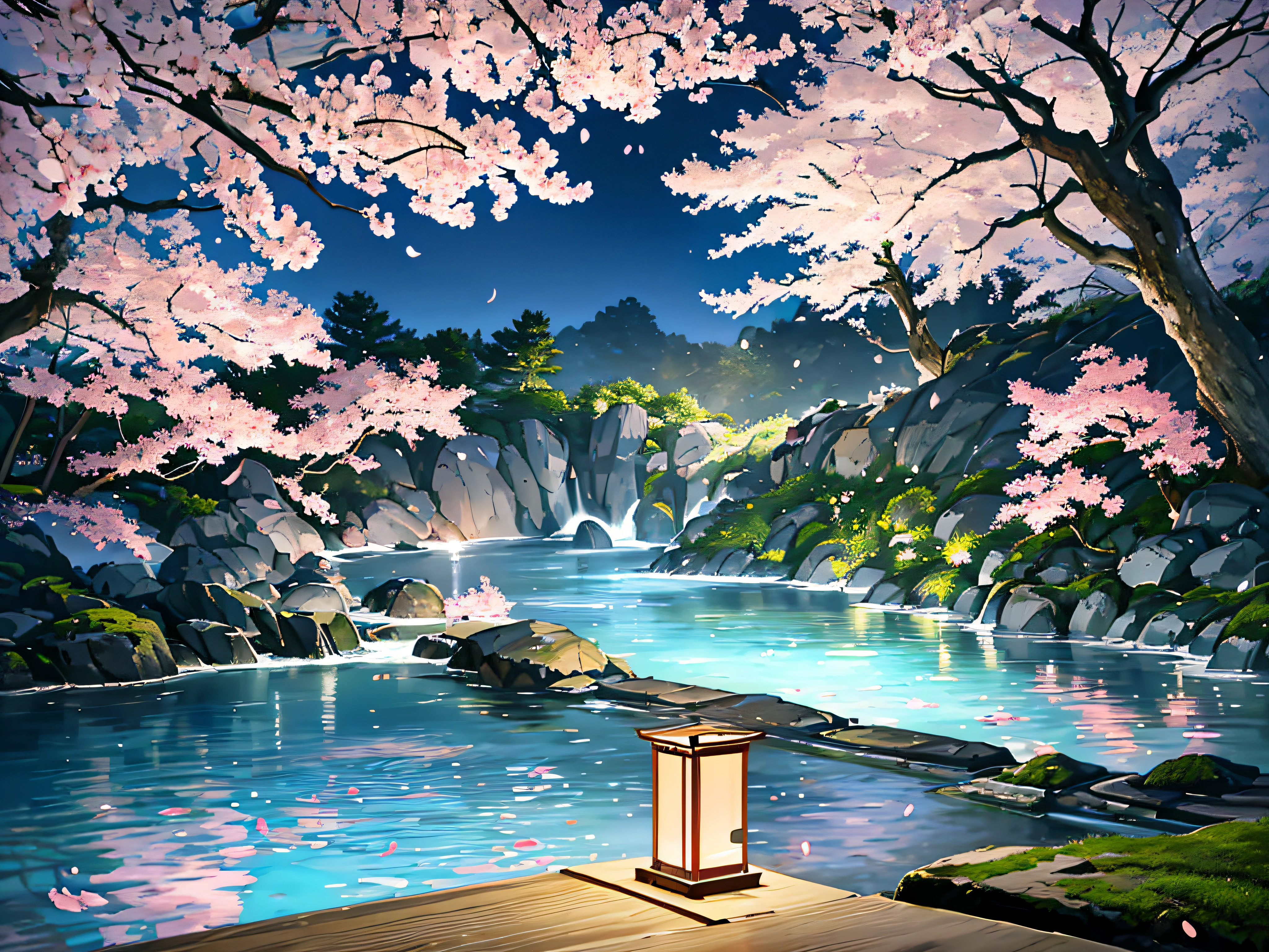 Open-air bath in Japan, springtime, cherryblossom,Moonlight、shining water surface、Scattered cherry blossom petals、Lamp Light、 lake, The tree, grass field, boulders, hot onsen, water vapour, (illustratio: 1.0), Magnificent composition, Realistic lighting, HD Detail, masterpiece, top-quality, (extremely detailed CG unified 8k wallpaper)