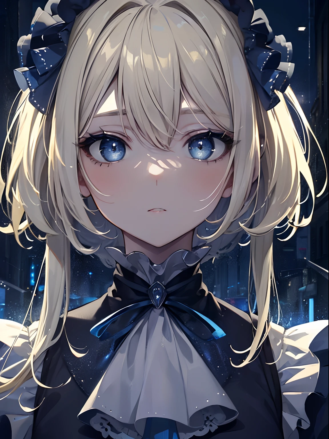 (Masterpiece, Best quality, ultra high resolution),1girl,blonde hair,beautiful and detailed face, detailed eyes,clown outfit,on the street,night,((grey and blue theme)), looking at viewer