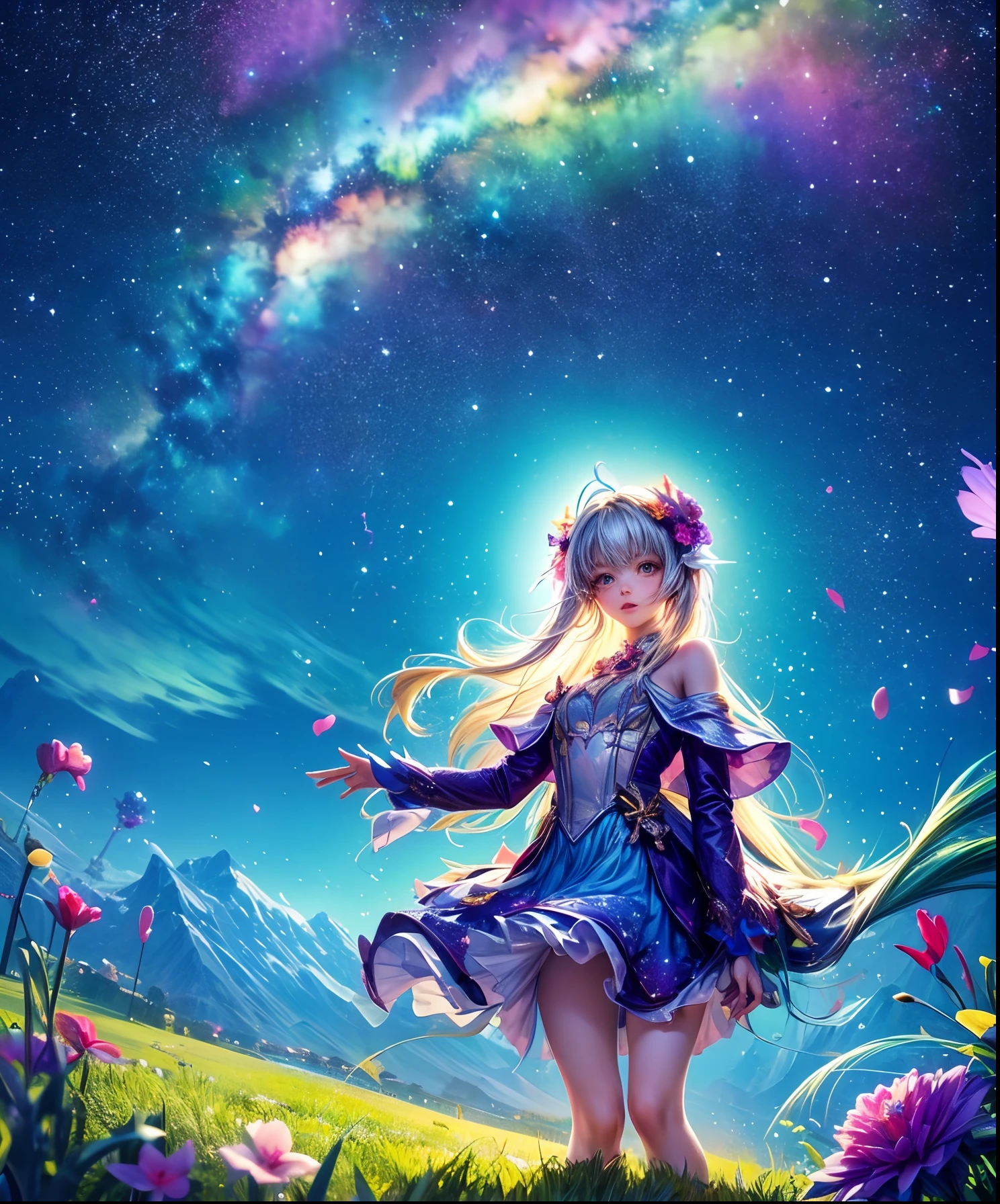 Cute girl character on grassy water、Describe the scene lying on the hill, Looking up at the starry sky. Surround her with colorful nebulae and her favorite constellations.