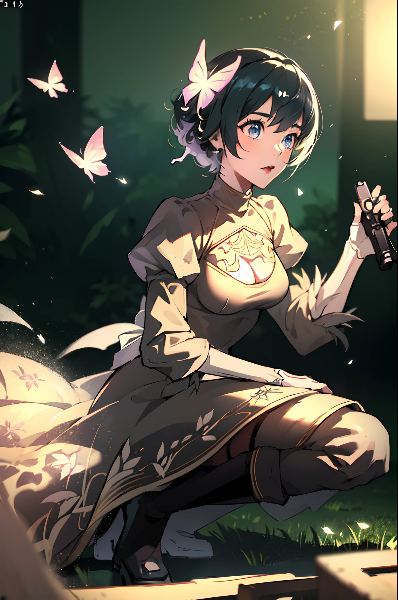 Octane Render、(Hyper-detailing: 1.15)、cinematic lightening、Cute Fantasy Princess、Handgun shooting practice、Fine Pattern Pistol,long boots、ultradetailed eyes、Full Paint、(Floral hair ornament、butterfly hair ornament)、masutepiece、Anatomically correct、blur、depth of fields