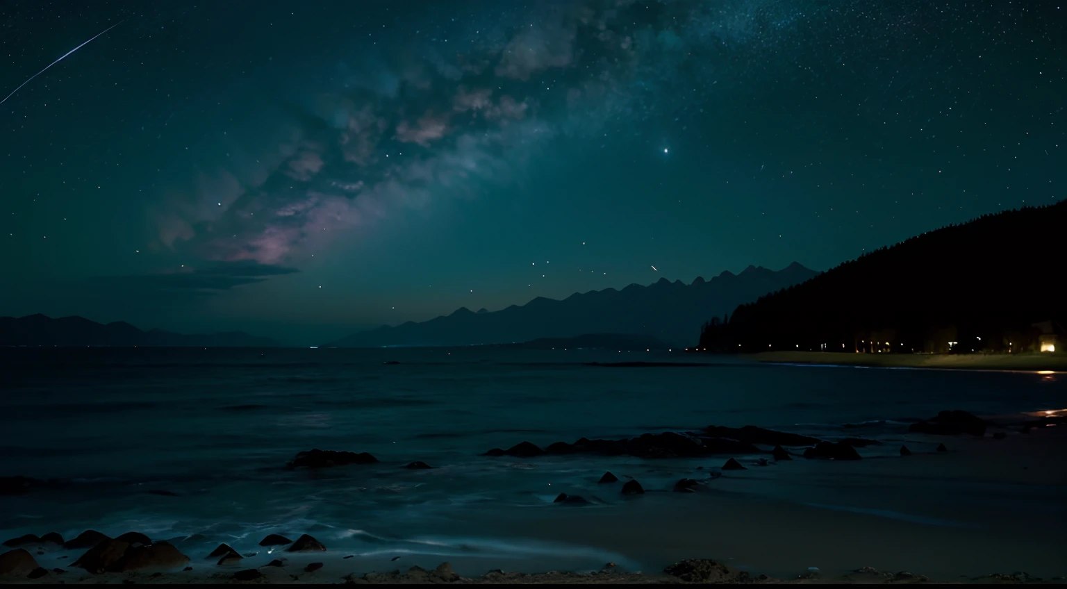 paisaje de playa, cielo estrellado, nebulosa, luna brillante, nubes brillantes, mountains in the distance, Tall trees, cottages, (color purpura)