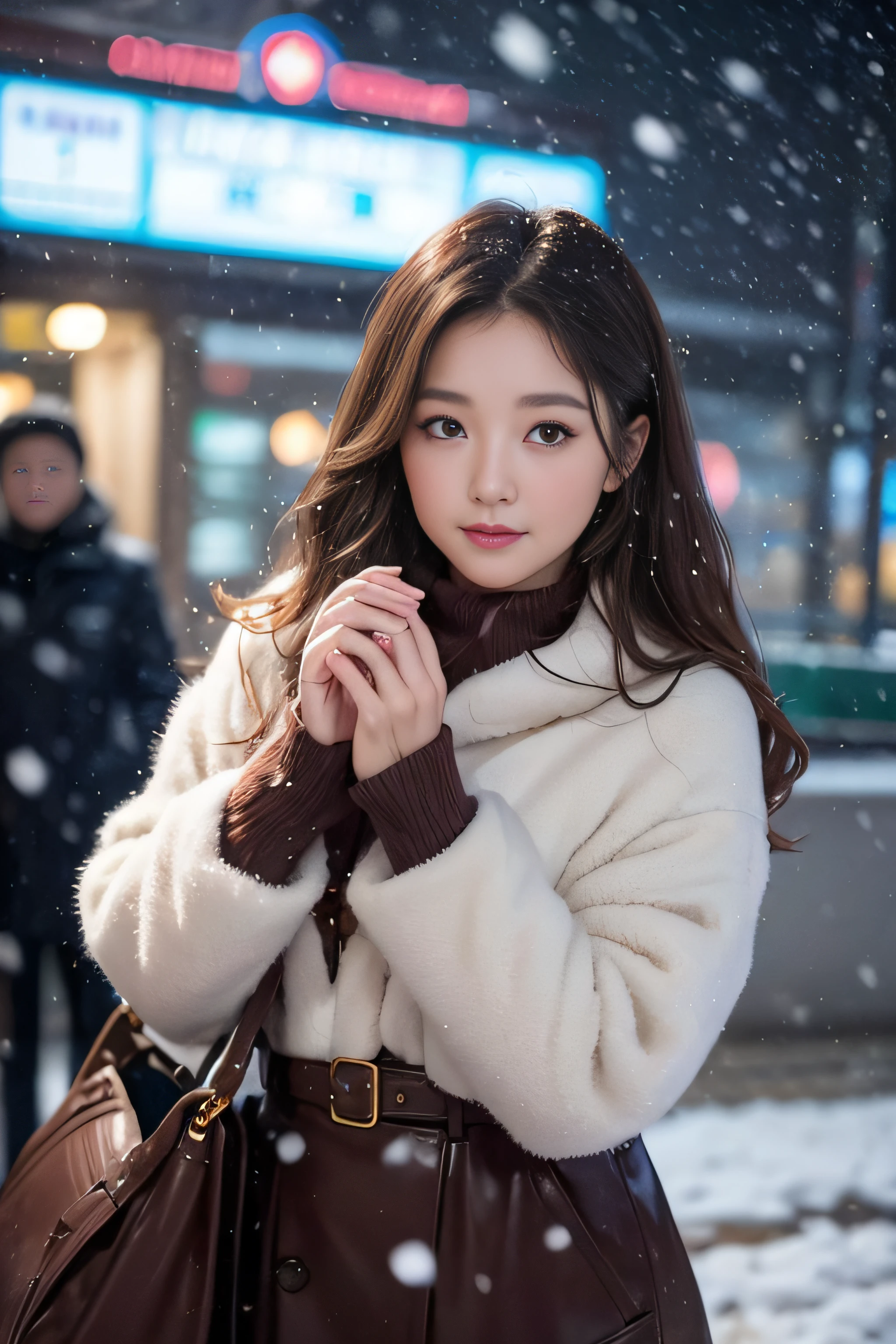 1womanl、late 20s age、(Strong-willed super beautiful woman)、(ultra beautiful faces)、Wearing makeup、Wavy brown hair、Shallow depth of field、It's snowing since I got off the night train、Only the sound of the sea is heard、I also took the ferry alone、I was staring at the freezing seagull
