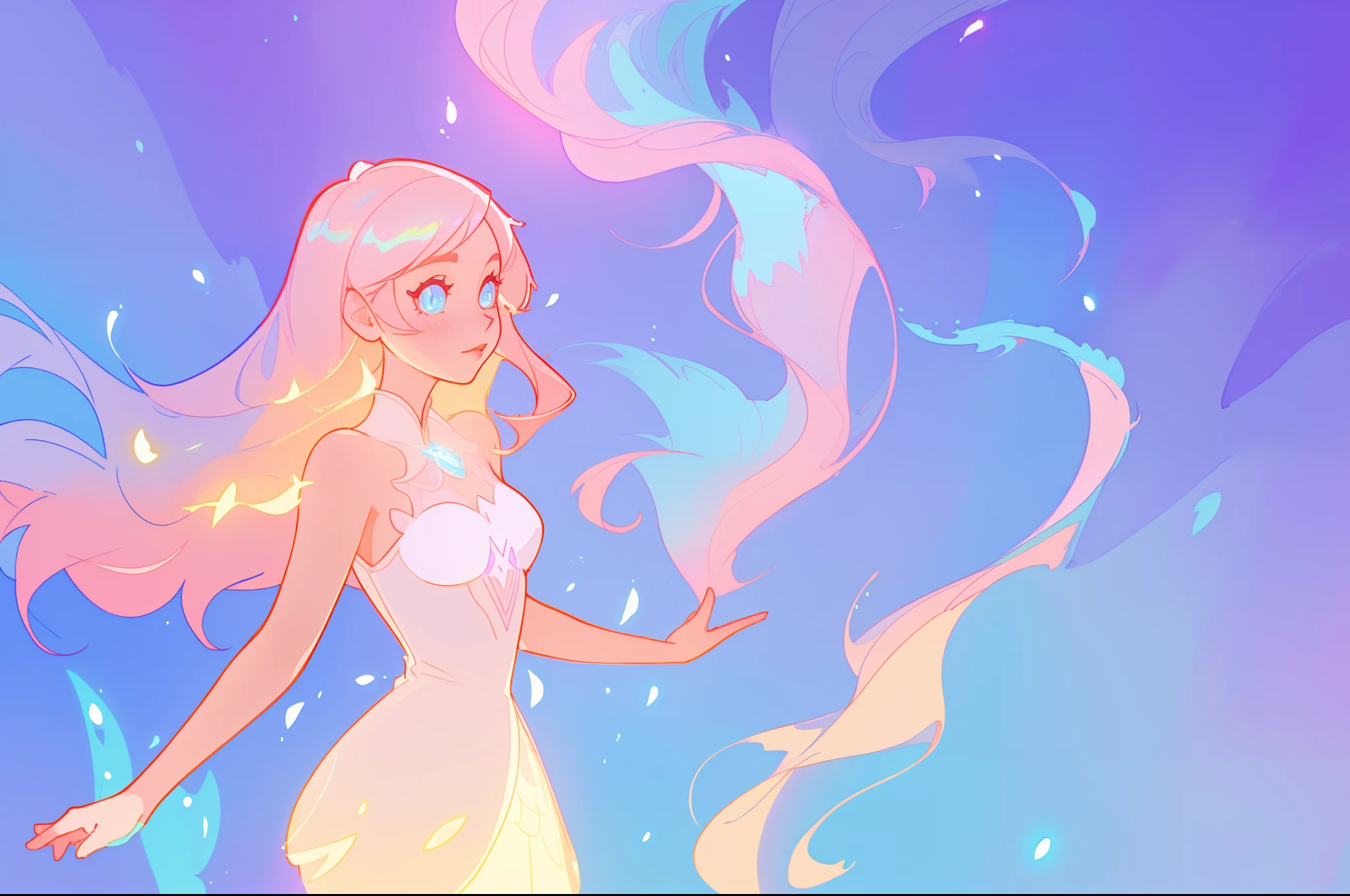 beautiful anime girl in glowing intricately designed ballgown, inspired by Glen Keane, inspired by Lois van Baarle, disney art style, by Lois van Baarle, glowing aura around her, by Glen Keane, jen bartel, glowing lights! digital painting, flowing glowing hair, glowing flowing hair, beautiful digital illustration, fantasia background, whimsical, magical, fantasy, beautiful face, ((masterpiece, best quality)), intricate details, highly detailed, sharp focus, 8k resolution, sparkling detailed eyes, liquid watercolor