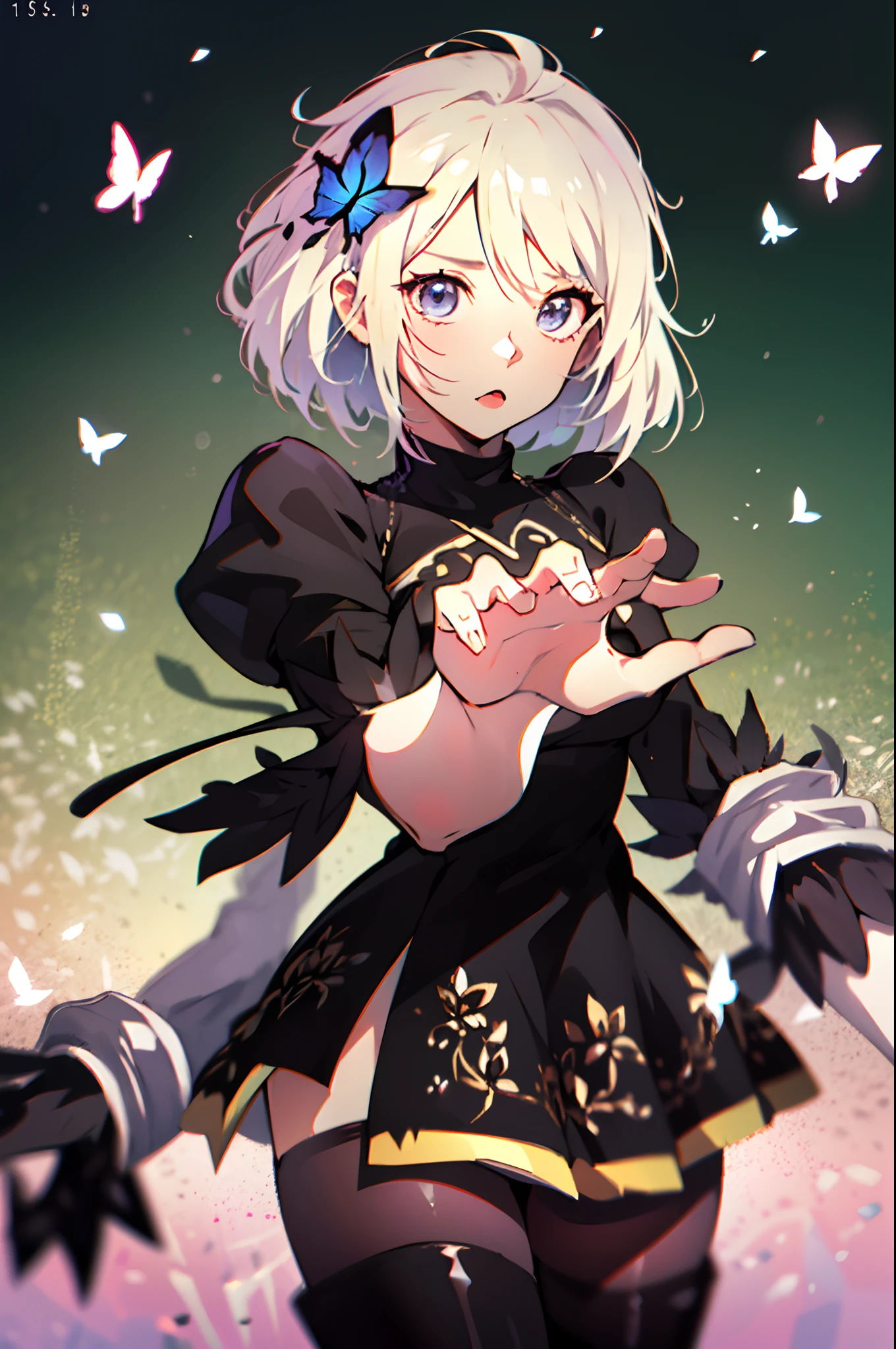 Octane Render、(Hyper-detailing: 1.15)、cinematic lightening、Cute Fantasy Princess、Handgun shooting practice、Fine Pattern Pistol,long boots、ultradetailed eyes、Full Paint、(Floral hair ornament、butterfly hair ornament)、masutepiece、Anatomically correct、blur、depth of fields