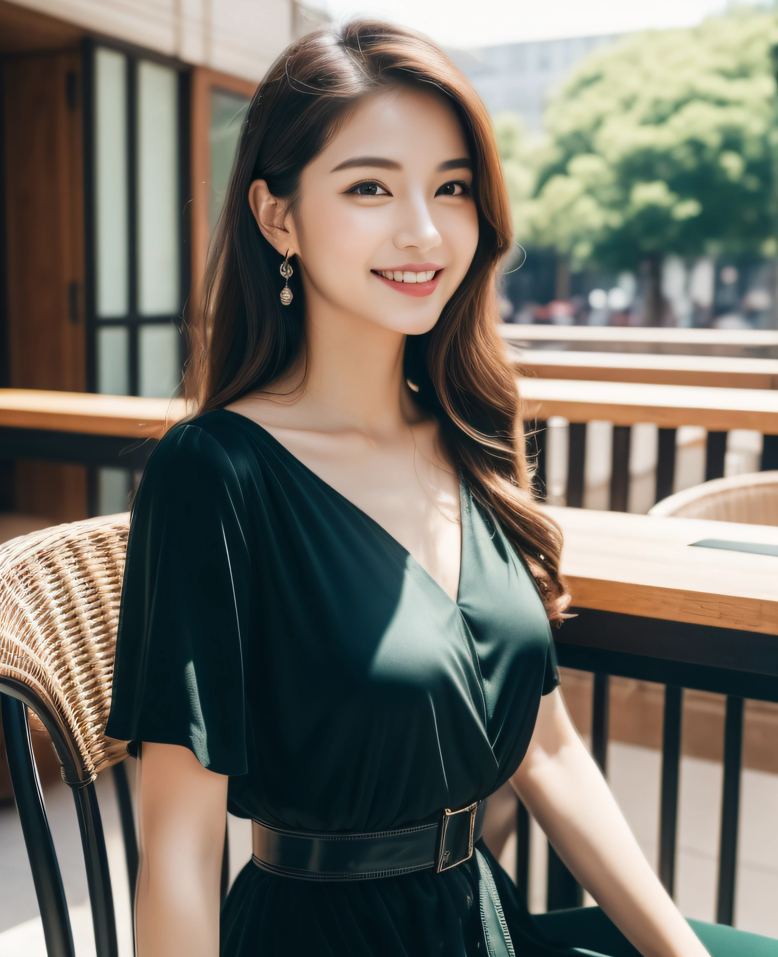 ((Top quality, 8K, Masterpiece: 1.3)), Beautiful girl, Pure, Melon face, Kind and cute, Sweet smile, Pure desire, Slender body, (Front), (Tilted head), ((Looking at camera) ), wearing a green casual dress, black silky long hair, normal chest, long flowing shoulders, round black big eyes, clear big eyes, moist red lips, sweet, sitting on a chair, afternoon Cafe terrace background, (((waist shot))),