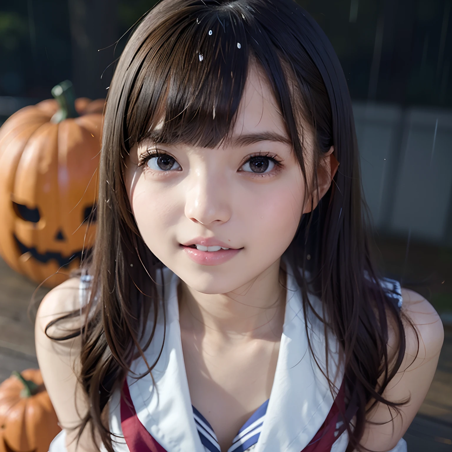 NSFW, 8k RAW photo, ((Halloween Style))top-quality, witch clothing、full body Esbian、slender and beautiful limbs、Underwear、embarrassed from、shame、Halloween Pumpkin、Captivity、masterpiece,kawaii faces、dual、 A smile、kawaii faces、超A high resolution, film grains, filmg, 1girl in, looking at the viewers, natural skin textures, realistic eyes and face details, Perfect tooth alignment、Perfect eyes and perfect mouth、 bangss, cparted lips, s lips,full body Esbian、Valley on the edge