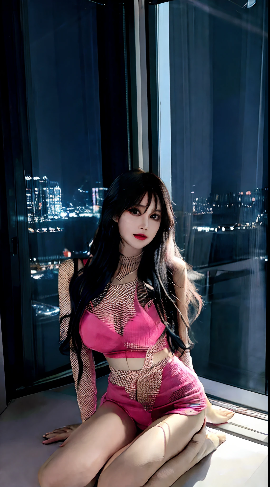 (asian), (8k, raw photo:1.2),(woman, adult), (hyper realistic, depth of field, photo realistic:1.2), (hyper supreme extreme quality beautiful women:1.2), (supreme hyper extreme realistic skin texture:1.2),(masterpiece),(best quality:1.3),(ultra detailed:1.2),(highres:1.1),(extremely detailed CG), masterpiece, best quality, ultra-detailed, (blush:1), detailed background, (fit woman), highlights, detailed eyes, (daylight), volumetric lighting, (high contrast), BREAK (fishnet top, panties), transparent clothes, night, dark room, (NSFW), (night), (big breast), futuristic cyberpunk apartment, neon lights outside the window, full body in focus,