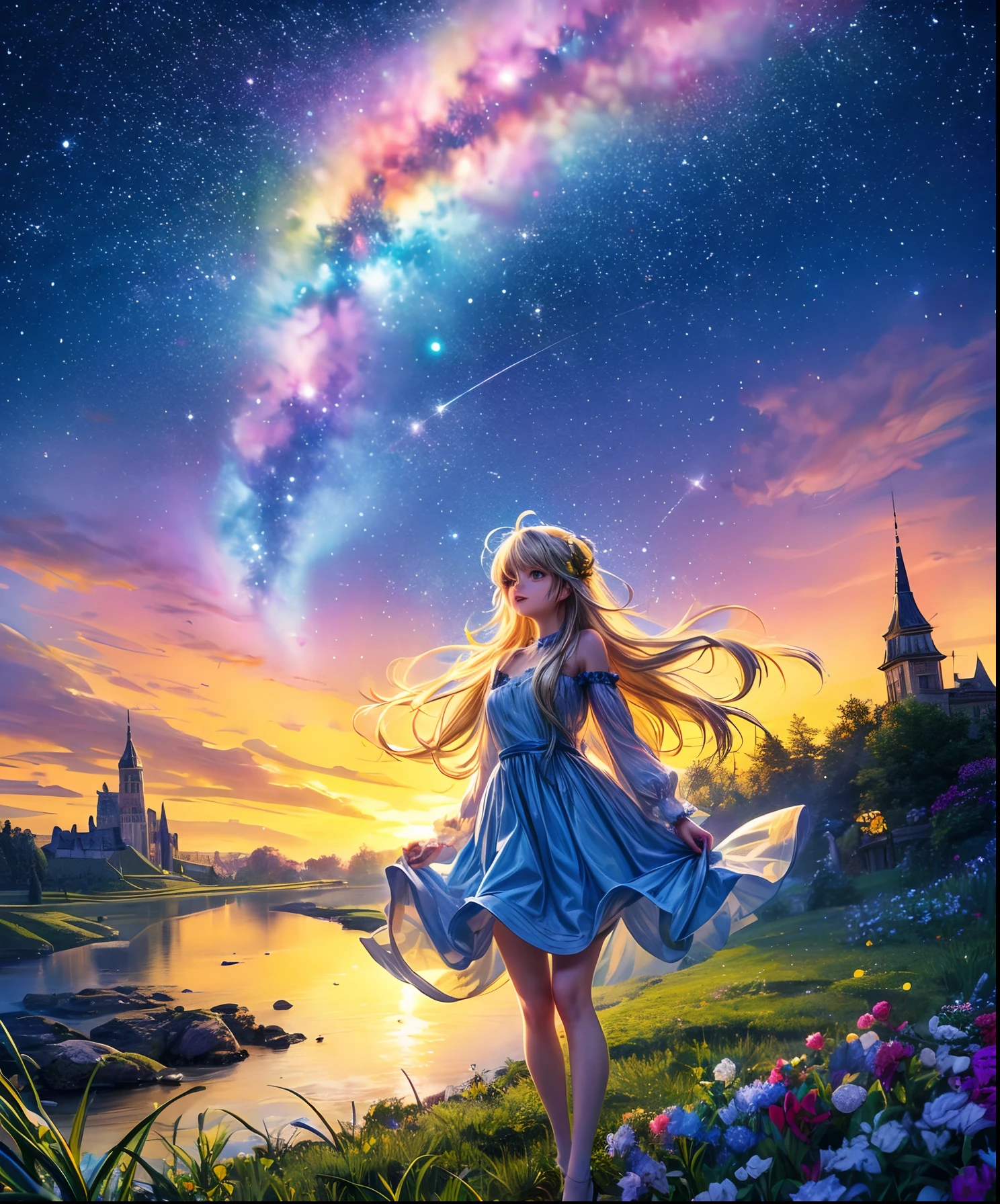 Cute girl character on grassy water、Describe the scene lying on the hill, Looking up at the starry sky. Surround her with colorful nebulae and her favorite constellations.