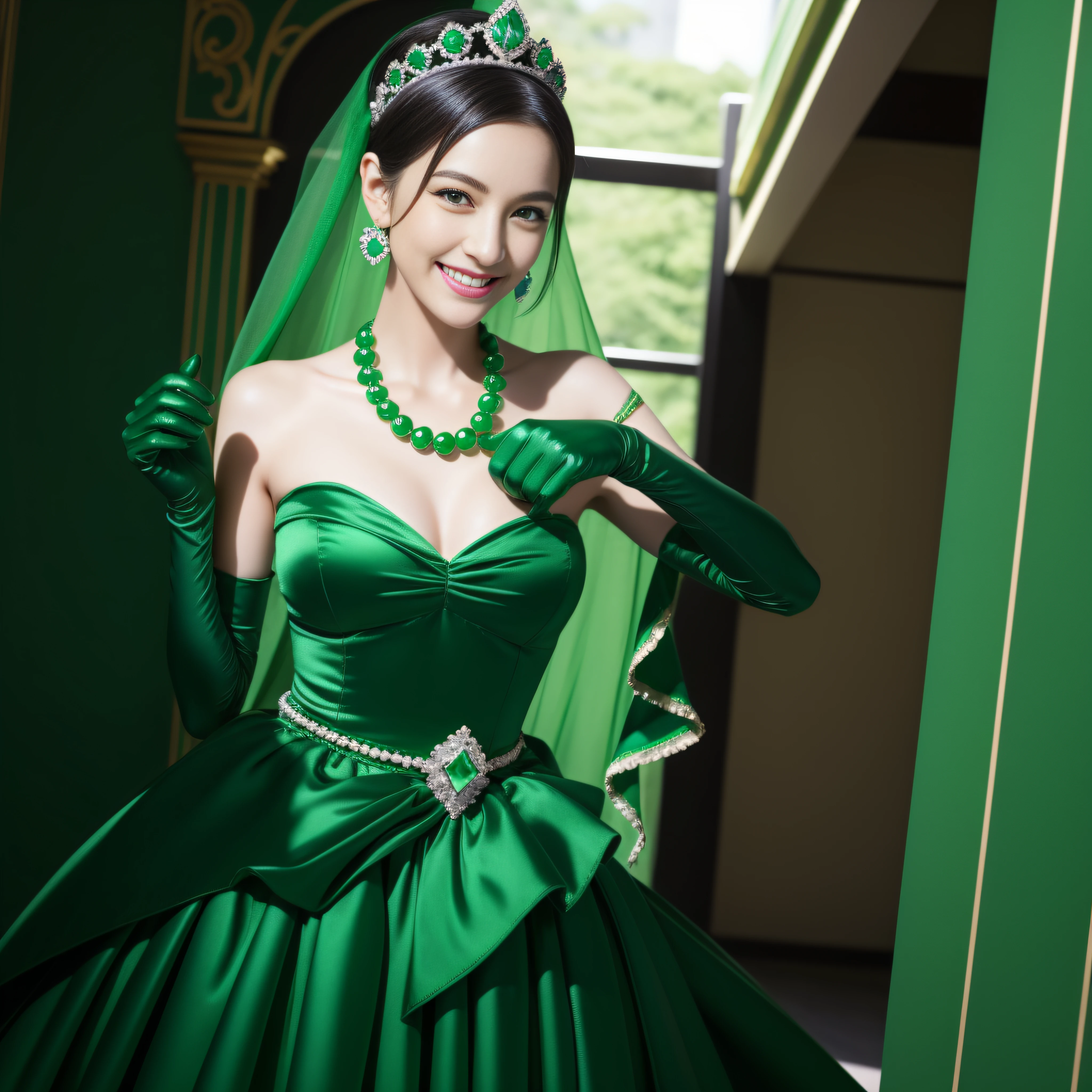 emerald tiara, Green Pearl Necklace, Boyish very short black hair, lipsticks, Japan woman smiling, very short short hair, big breasts beautiful, Green eyes, Long green gloves made of satin material, Green eyes, Emerald Earrings