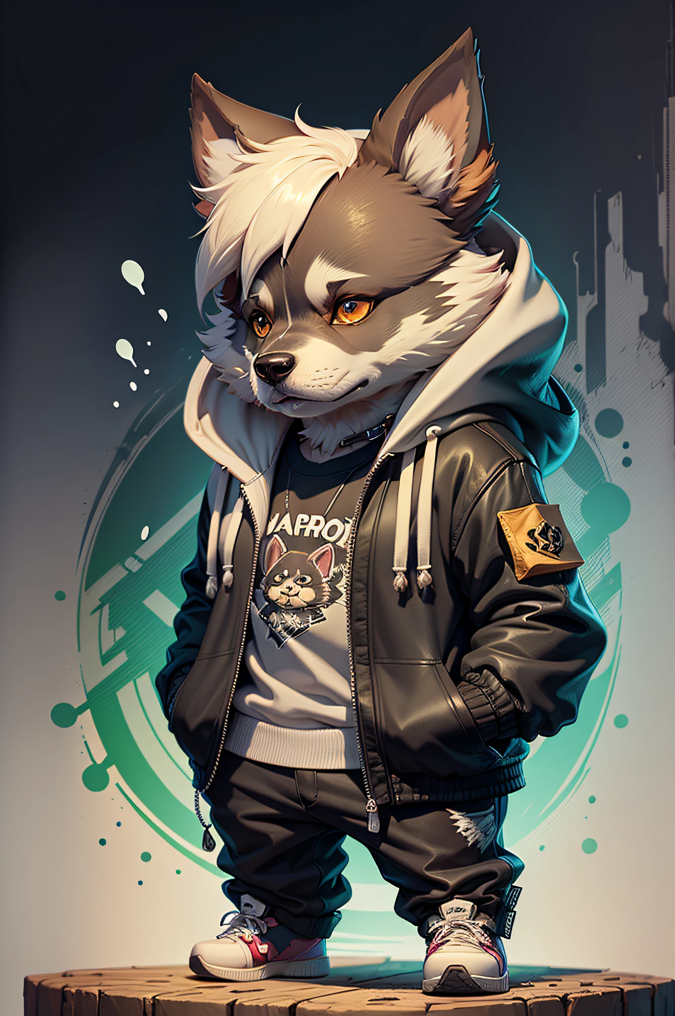 C4tt4stic, Cartoon Shepherd Dog Dog in Jacket and Skateboard(Body hair is black、The specifics of the appearance of the Shepard)