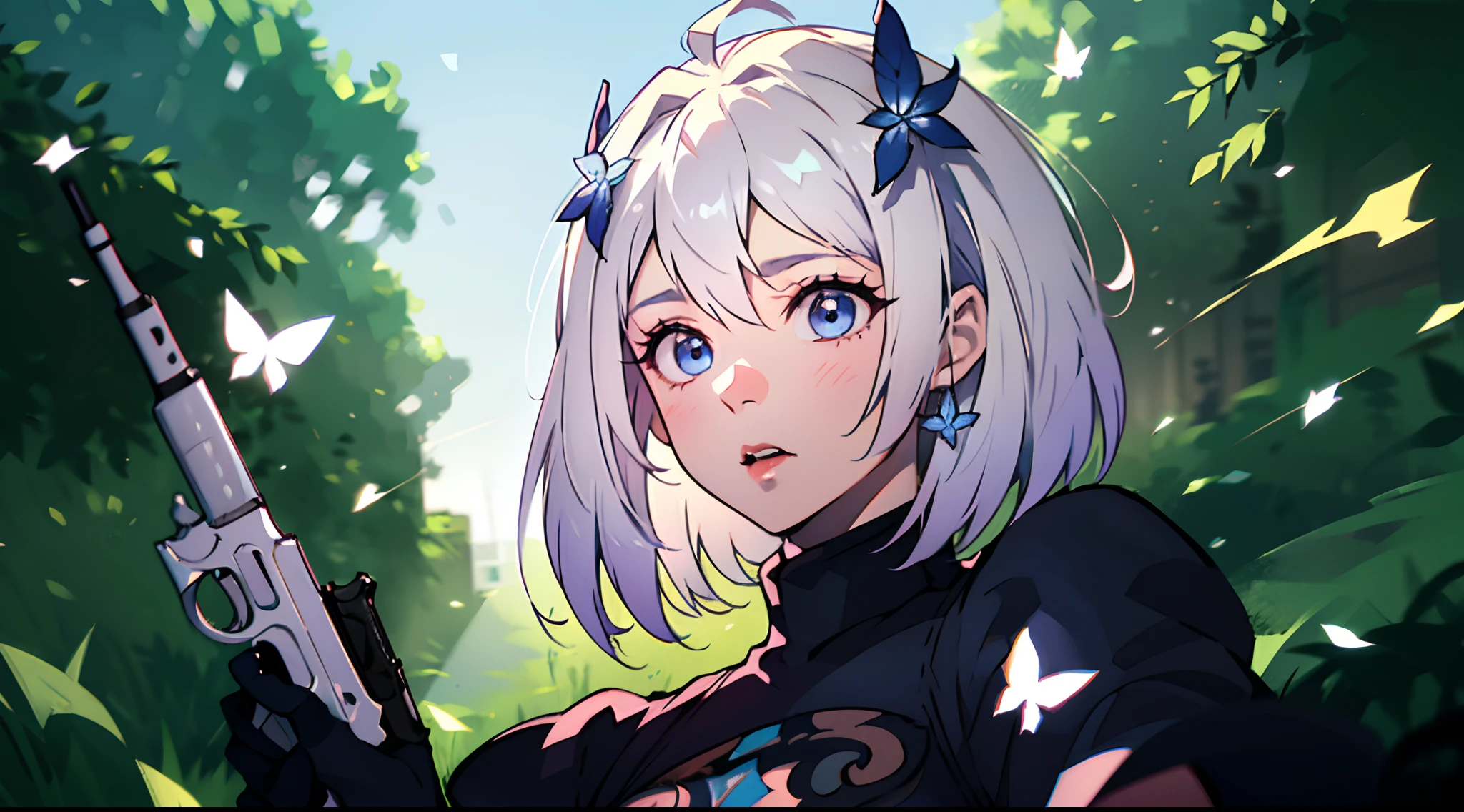 Octane Render、(Hyper-detailing: 1.15)、cinematic lightening、Cute Fantasy Princess、Handgun shooting practice、Fine Pattern Pistol,long boots、ultradetailed eyes、Full Paint、(Floral hair ornament、butterfly hair ornament)、masutepiece、Anatomically correct、blur、depth of fields