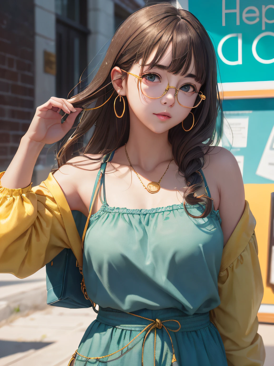 (Masterpiece, highest quality, super large resolution); (CG illustration); (a cute and cute girl); (sleepiness) (exhaustion); ((round-framed gold wire glasses)), (fashionable) (trendy); Rich colors, cyan, orange, yellow, green, cyan, blue, purple, fashion typography, magazine cover poster, hyper-detail, art, title, logo, label, badge, graphic design, detail post-processing, depth of field, high brightness, high saturation, more white space;