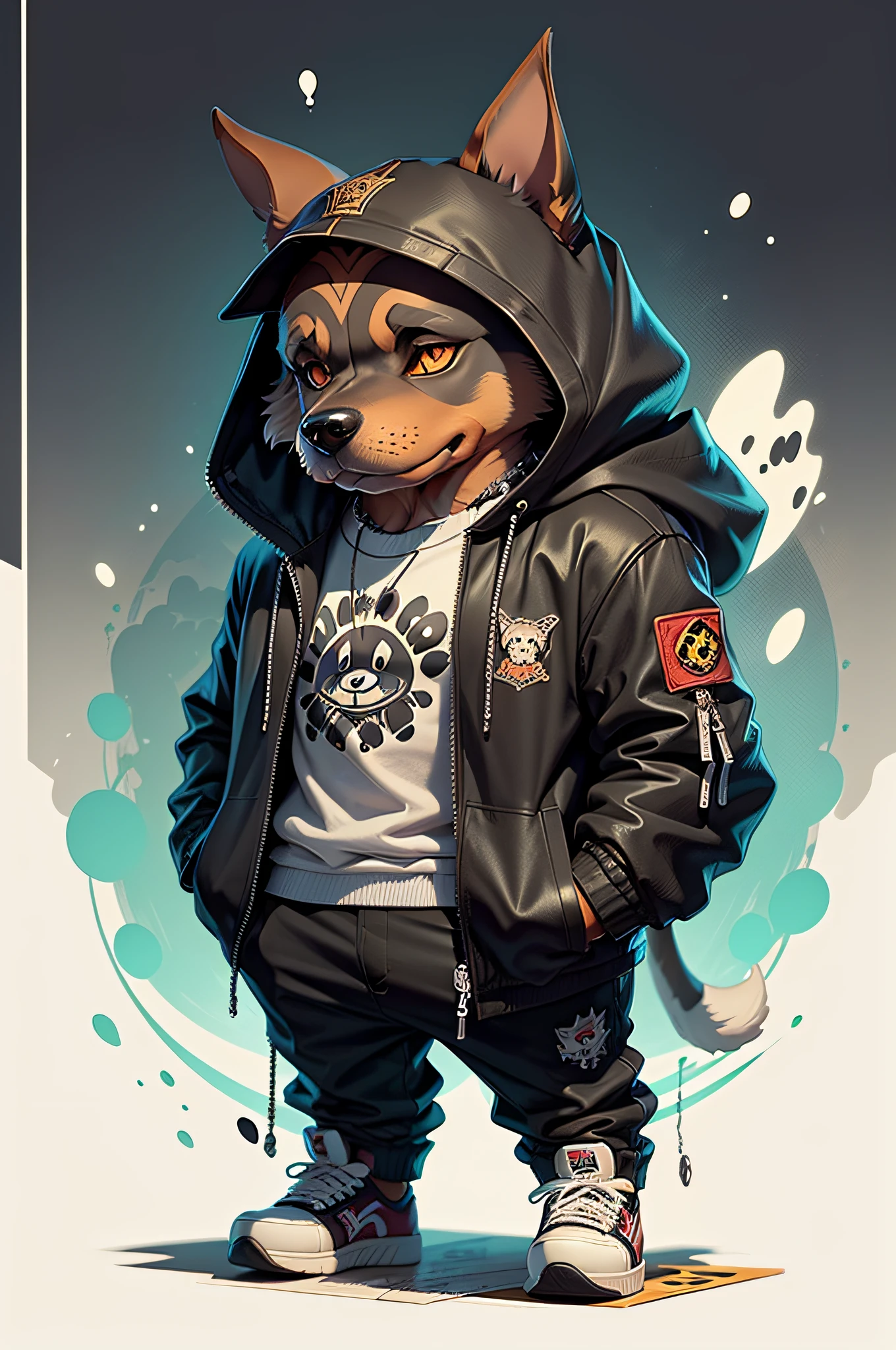 C4tt4stic, Cartoon Doberman dog in a skateboard with a jacket(Body hair is black、Details of the appearance of the Doberman)
