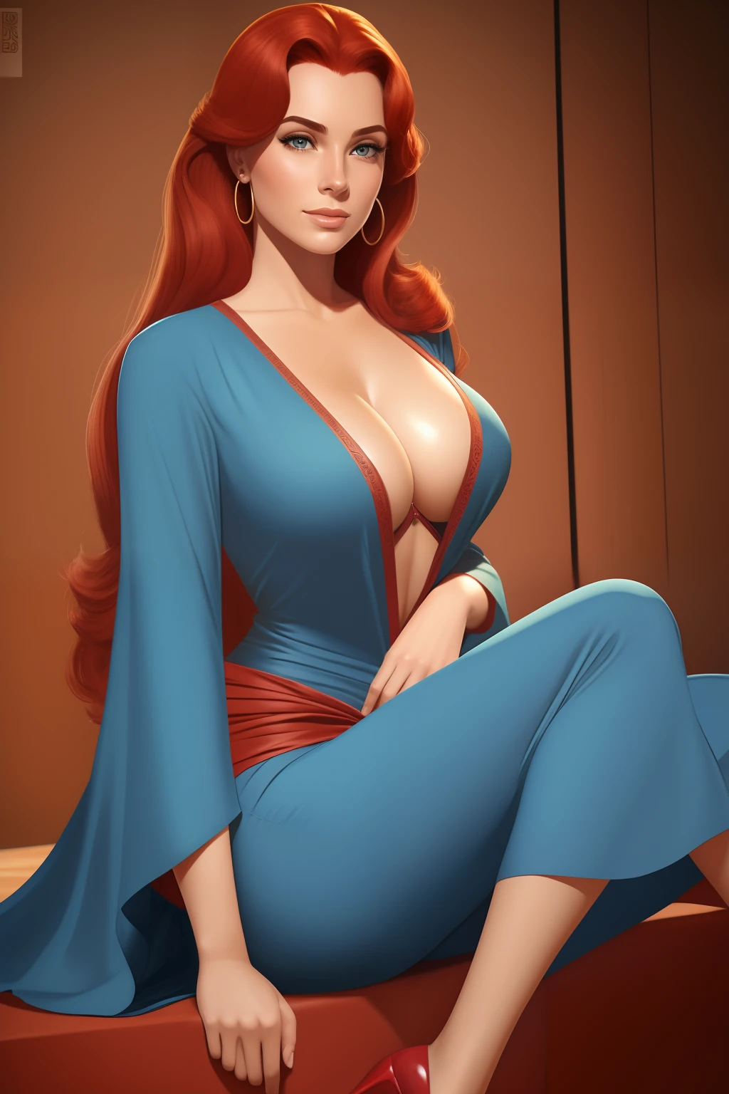 Arte similar Jonh Buscema,1garota,cabelo longo, ruiva,olhos verdes, university tutor, super realistic, middlebreasts, roupas conservadoras e elegantes, olhar sensual, sexy, 4k resolution, Lotes Cameltoe, lotes de dedo de camelo, Sentido Superior, red hair, roupas terno feminino, holding a presence book in your hands