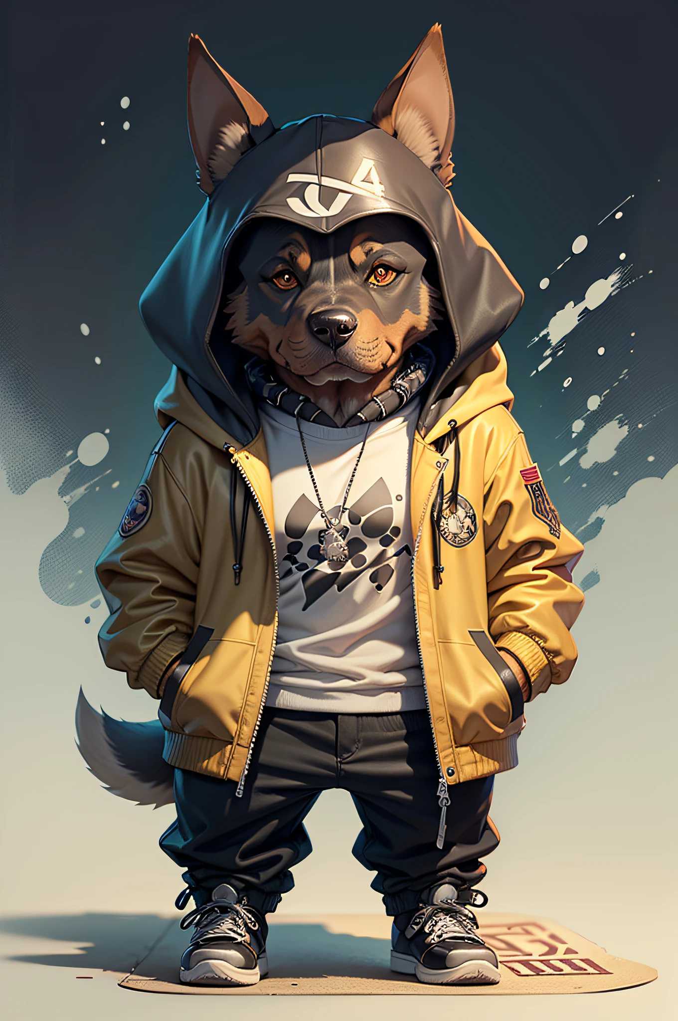 C4tt4stic, Cartoon Doberman dog in a skateboard with a jacket（Body hair is black、Details of the appearance of the Doberman）