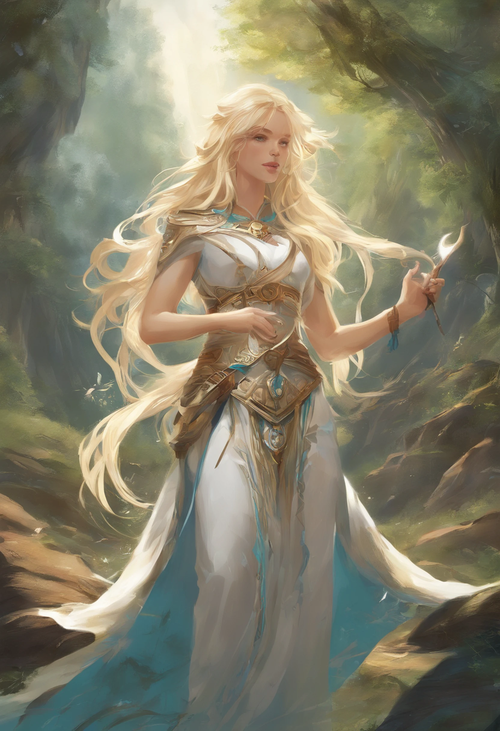 Wilderness and virgin Greek goddess, blue eyes, blond hair, fair skin, amazingly gorgeous, sleeveless very short Greek white tunic with golden belt, hunting spear she holds in her left hand, mythical Arcadian mountains and forests, photorealistic, super high quality, high detail, masterpiece, 4k --auto --s2