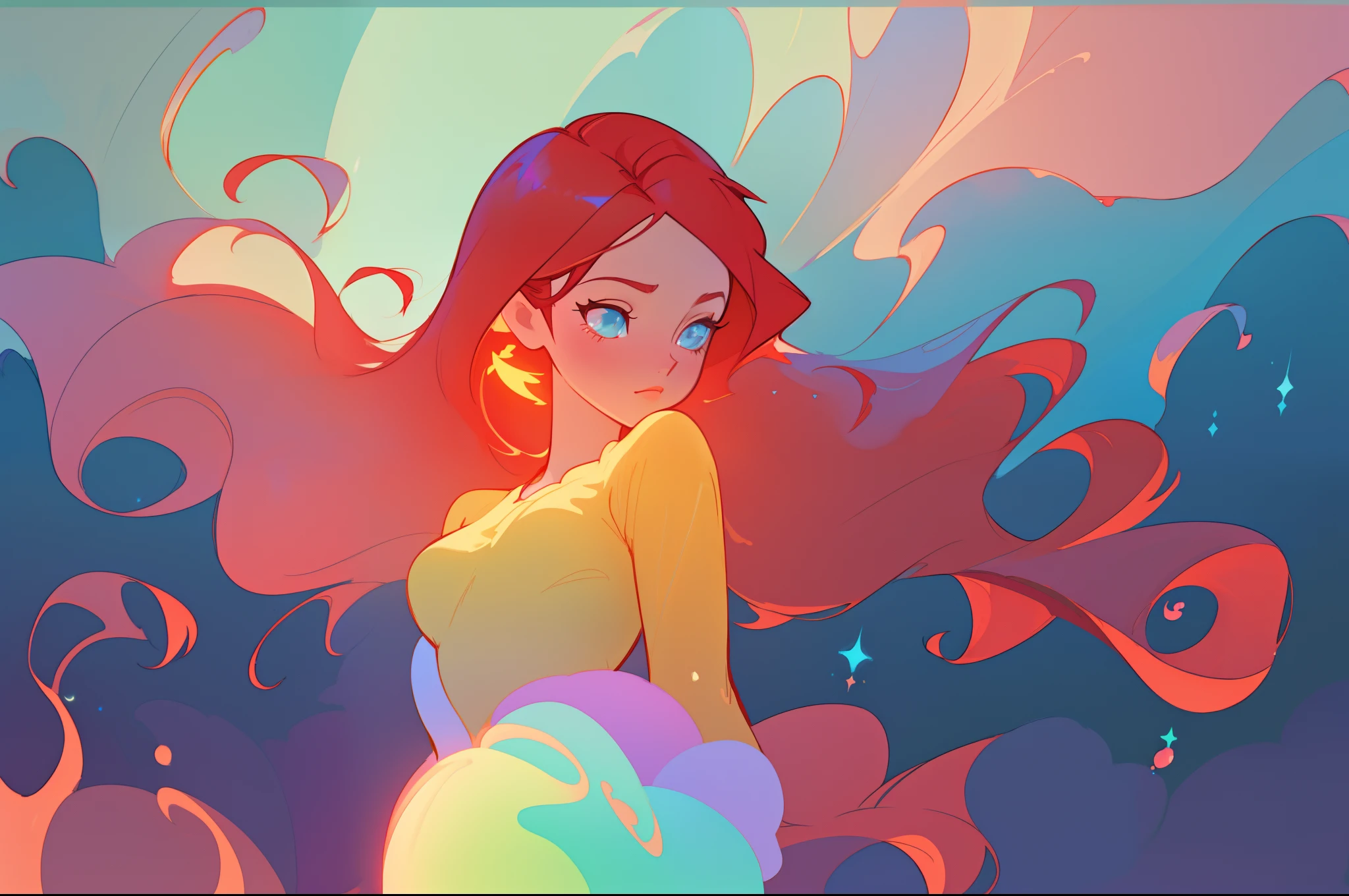 beautiful anime girl in ballgown, inspired by Glen Keane, long flowing red hair, inspired by Lois van Baarle, (disney art style), by Lois van Baarle, glowing aura around her, by Glen Keane, jen bartel, glowing lights! digital painting, flowing glowing hair, glowing flowing hair, beautiful digital illustration, fantasia background, whimsical, magical, fantasy, beautiful face, ((masterpiece, best quality)), intricate details, highly detailed, sharp focus, 8k resolution, sparkling detailed eyes, liquid watercolor