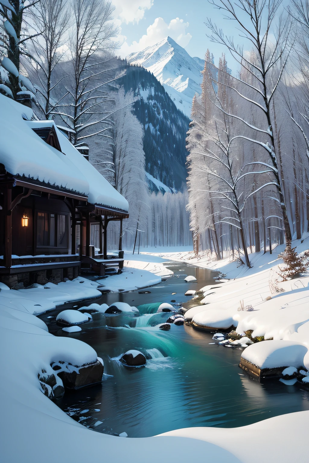 Forest river and snow