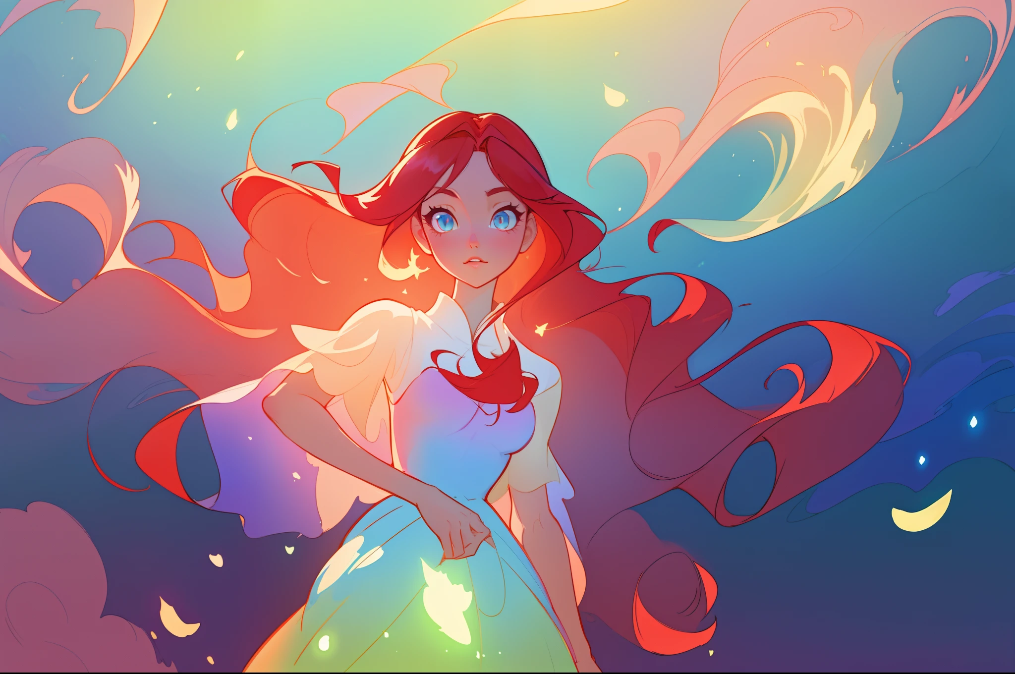 beautiful anime girl in ballgown, inspired by Glen Keane, long flowing red hair, inspired by Lois van Baarle, (disney art style), by Lois van Baarle, glowing aura around her, by Glen Keane, jen bartel, glowing lights! digital painting, flowing glowing hair, glowing flowing hair, beautiful digital illustration, fantasia background, whimsical, magical, fantasy, beautiful face, ((masterpiece, best quality)), intricate details, highly detailed, sharp focus, 8k resolution, sparkling detailed eyes, liquid watercolor