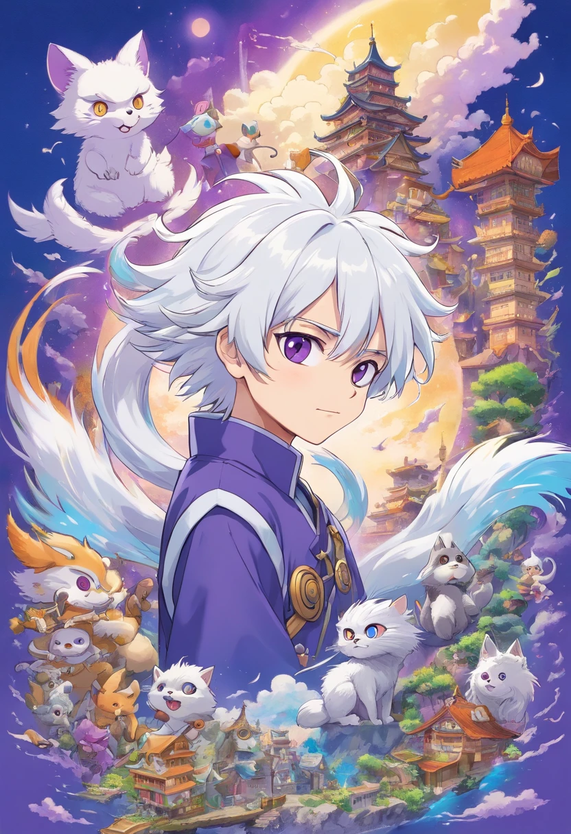 Create an anime-style illustration of a small Tontata-style man with intricate details. The character should have (((white hair))), (((purple eyes))), and a playful appearance, featuring both a raccoon tail and raccoon ears. Additionally, give him fluffy, cat-like ears and furry, Tontata-style design elements inspired by Leo Tontata from One Piece. Capture the essence of the character's whimsical and unique appearance. Ensure the artwork is of (((high-quality))) and (((extreme detail))). Incorporate textures and colors that pay homage to Leo Tontata's design while adding your own creative touch. Three related artists for this style are Eiichiro Oda, Mamoru Hosoda, and Studio Ghibli."